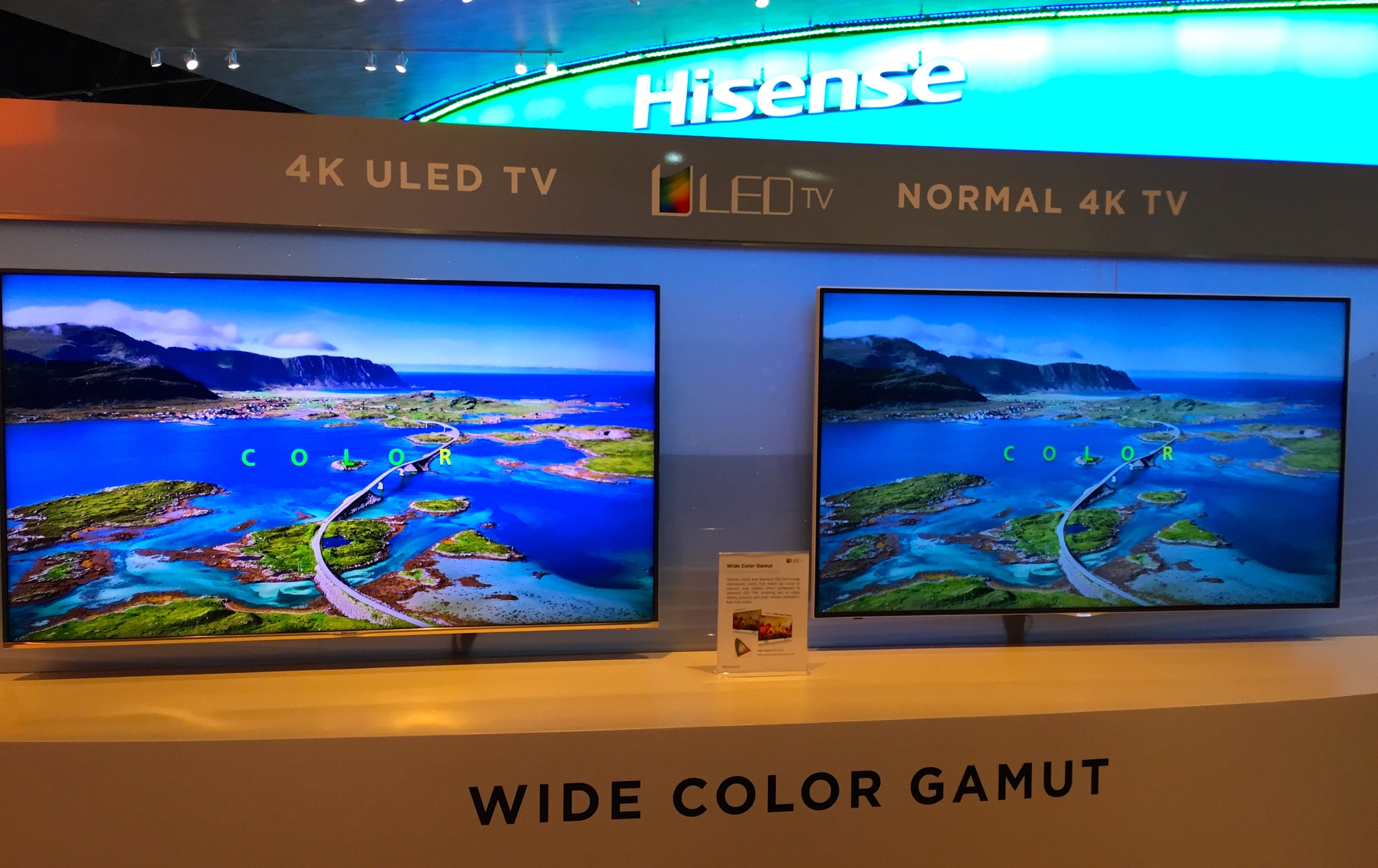 Hisense 4K ULED TV at CES 2015 featuring Quantum Dot technology from Nanosys and 3M. Hisense says this 65" set will be available for $3,000 in the first half of 2015.