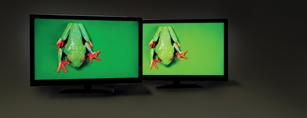 Comparison between a liquid-crystal display television screen using Nanosys Quantum Dot Enhancement Film (left) and a standard one (right).