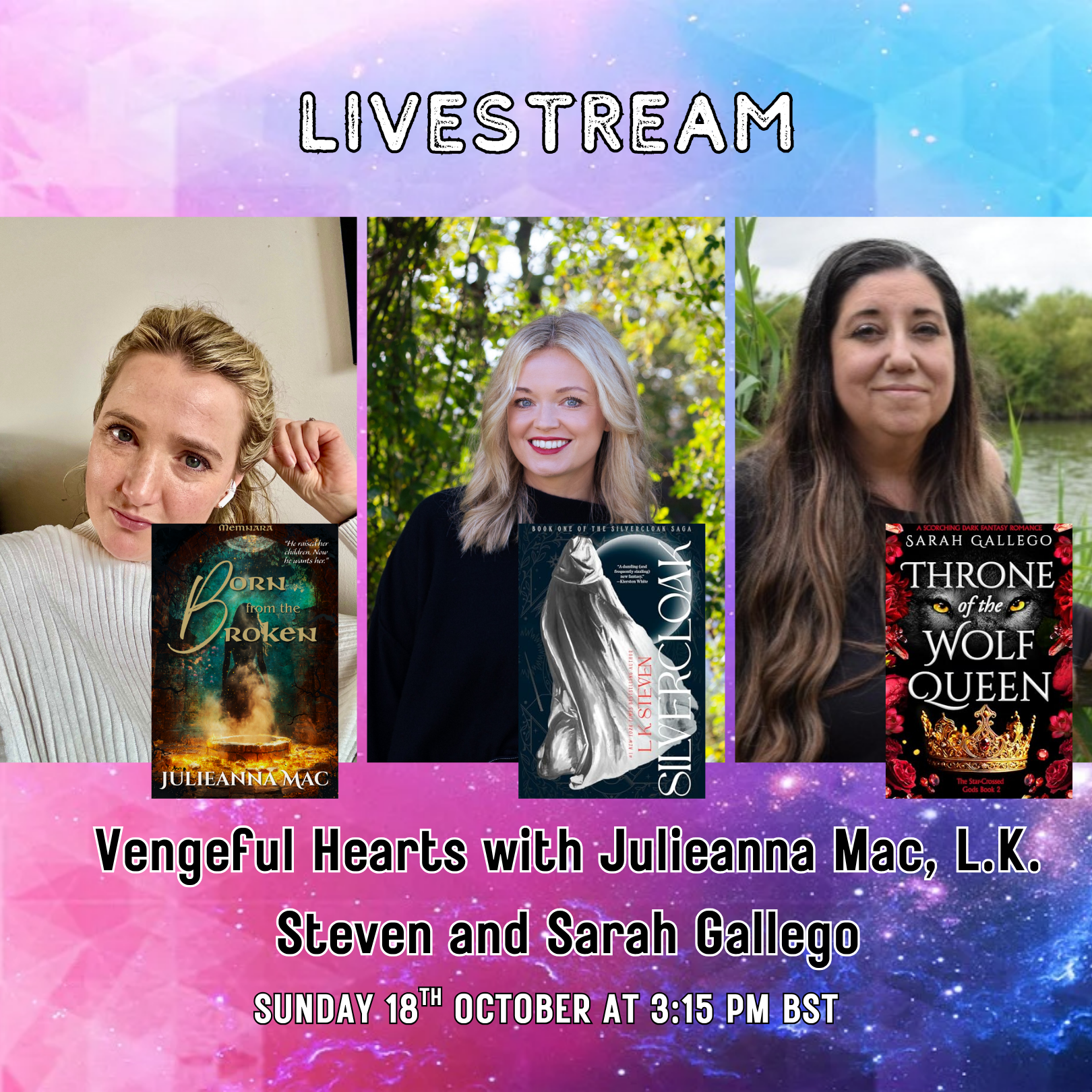 LIVESTREAM Vengeful Hearts with Julianna Mac, L.K. Steven and Sarah Gallego