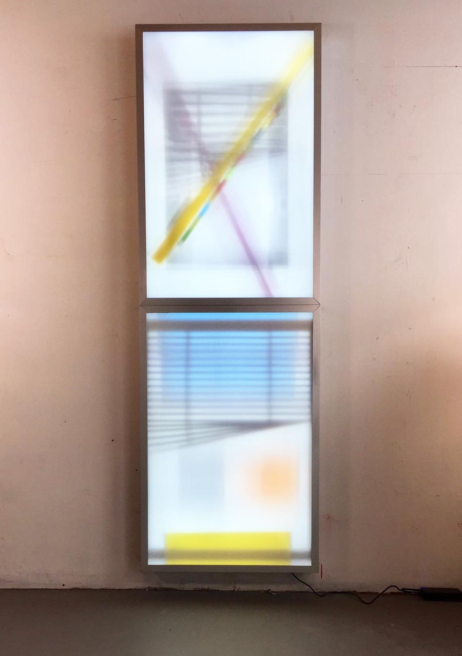 Robert Youds, your filmic encore, smashed window , lightbox, acrylic, aluminum, 73 x 24.5 x 4 inches.