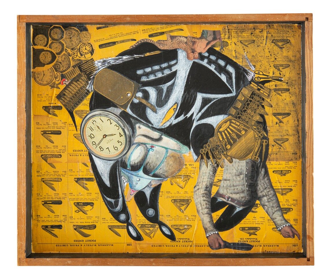 “Milkit”, oil, ink, collage on collection drawer from MOA, 20.5 x 24 inches.