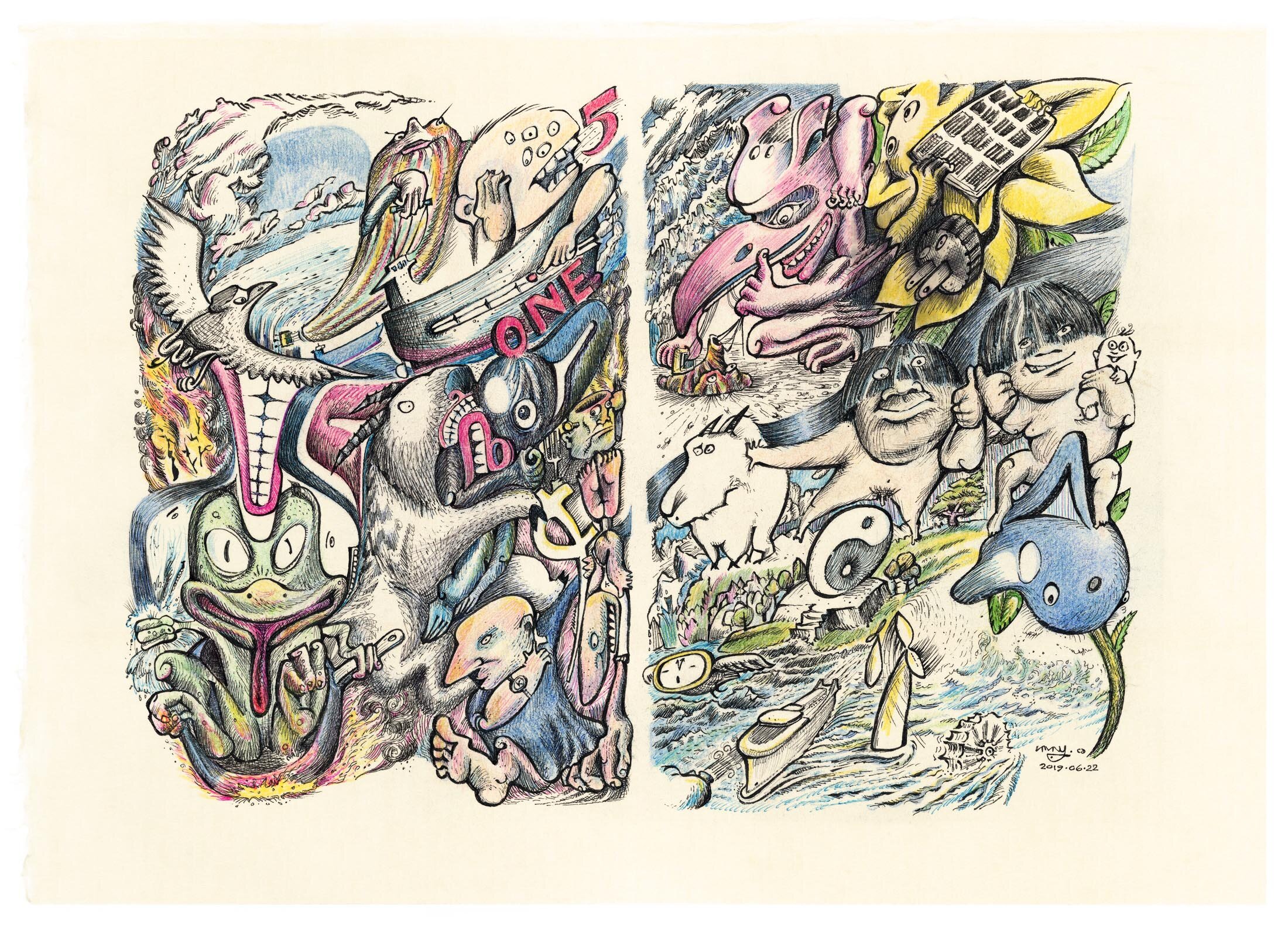 “Oglasa”, ink, coloured pencil on paper, 14.5 x 20.5 inches.
