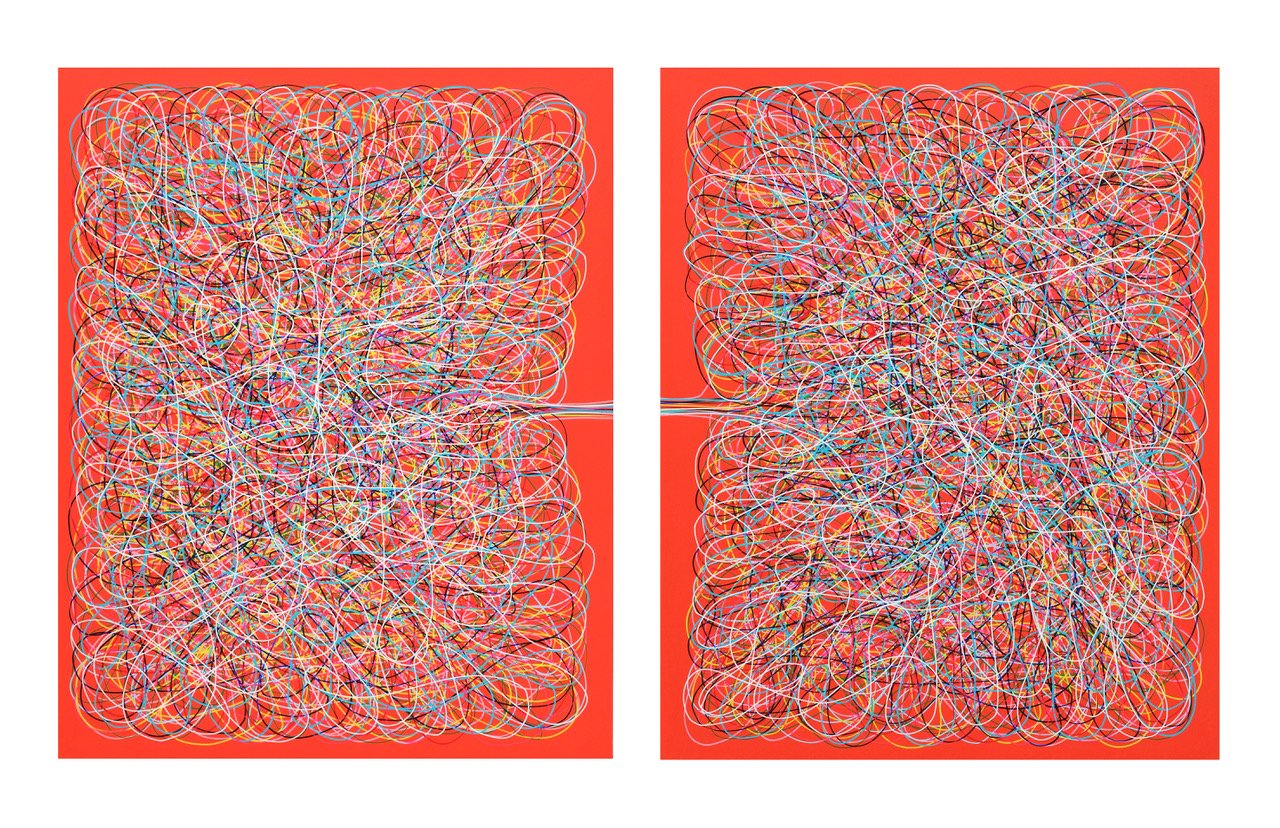 Bradley Harms, “Scribble Lungs Red”, 2024, acrylic on canvas, 20 x 16 inches each.