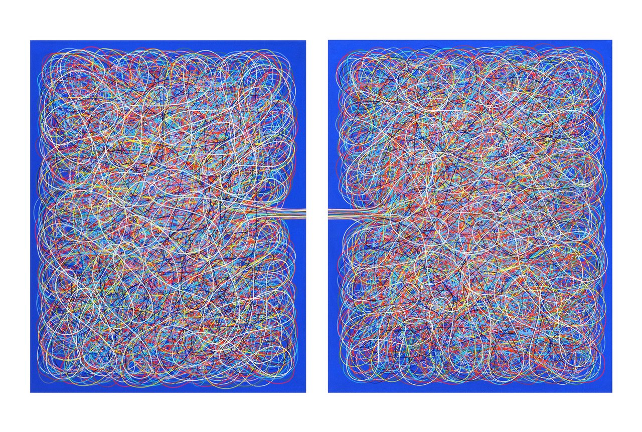 Bradley Harms, “Scribble Lungs Blue”, 2024, acrylic on canvas, 20 x 16 inches each.