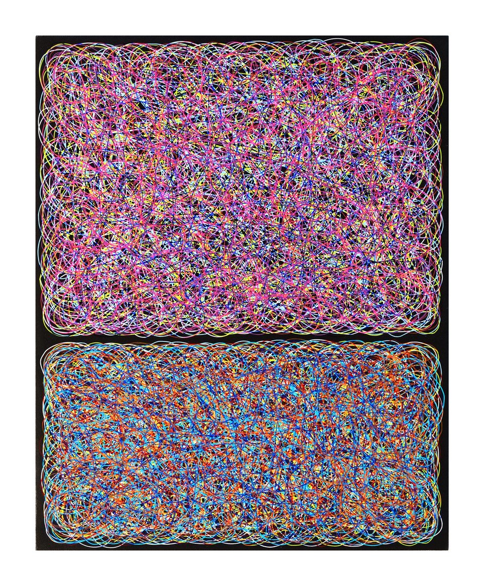 Bradley Harms, “Scribble Fields Black”, 2024, acrylic on canvas, 20 x 16 inches.