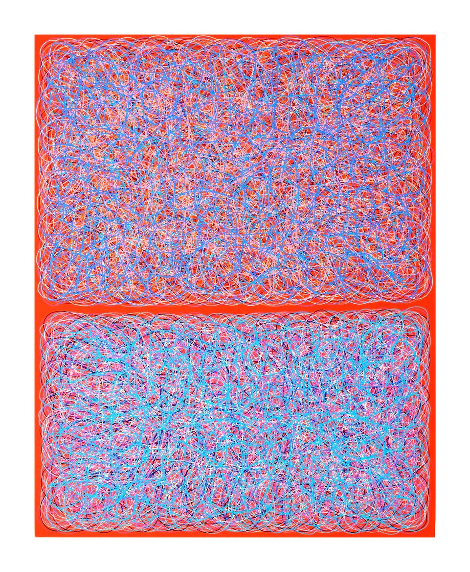 Bradley Harms, “Scribble Fields Cad Red”, 2024, acrylic on canvas, 20 x 16 inches.
