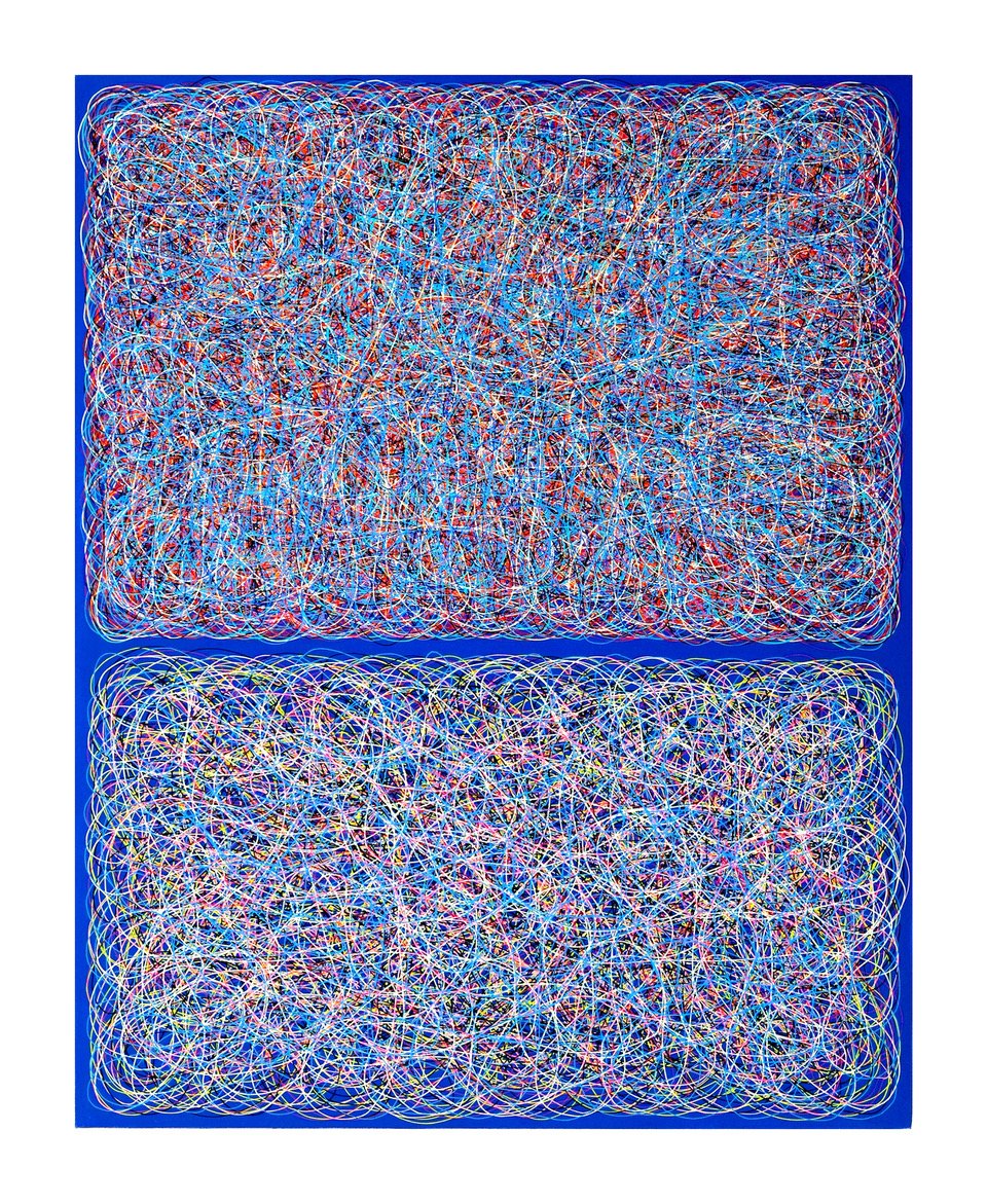 Bradley Harms, “Scribble Fields Cobalt Blue”, 2024, acrylic on canvas, 20 x 16 inches.