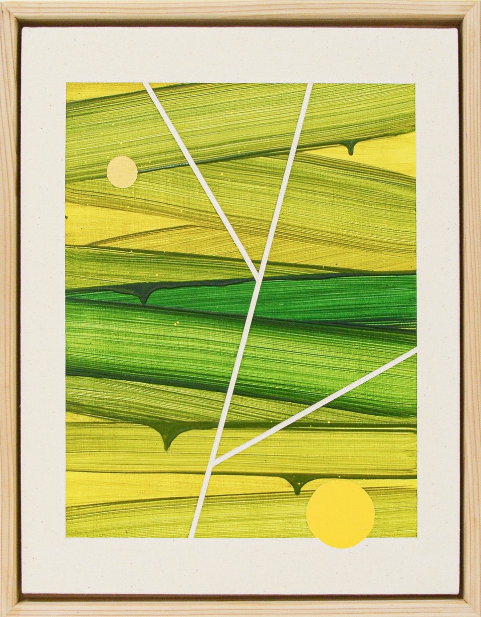 “Yellow Breeze #10 - Spring Leaves”, 2024, oil and acrylic on canvas, 18 x 14 inches, 19.75 x 15.75 inches framed.