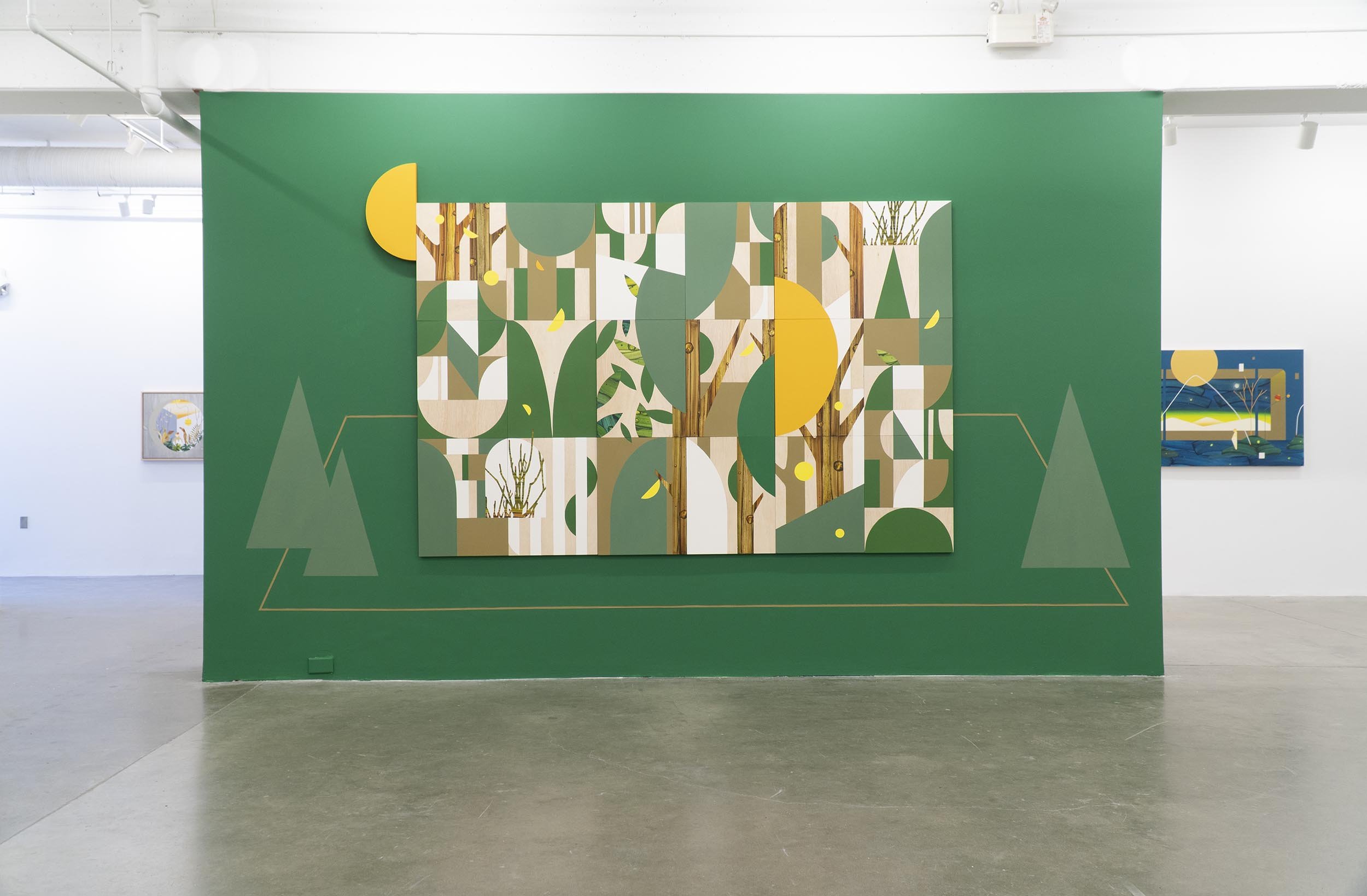 Installation of exhibition Garden Whispers featuring “Mosaic Garden - A Stroll After the Rain”, acryilc and oil on canvas over mulitple joined canvases. Dimensions 72 × 108 inches.