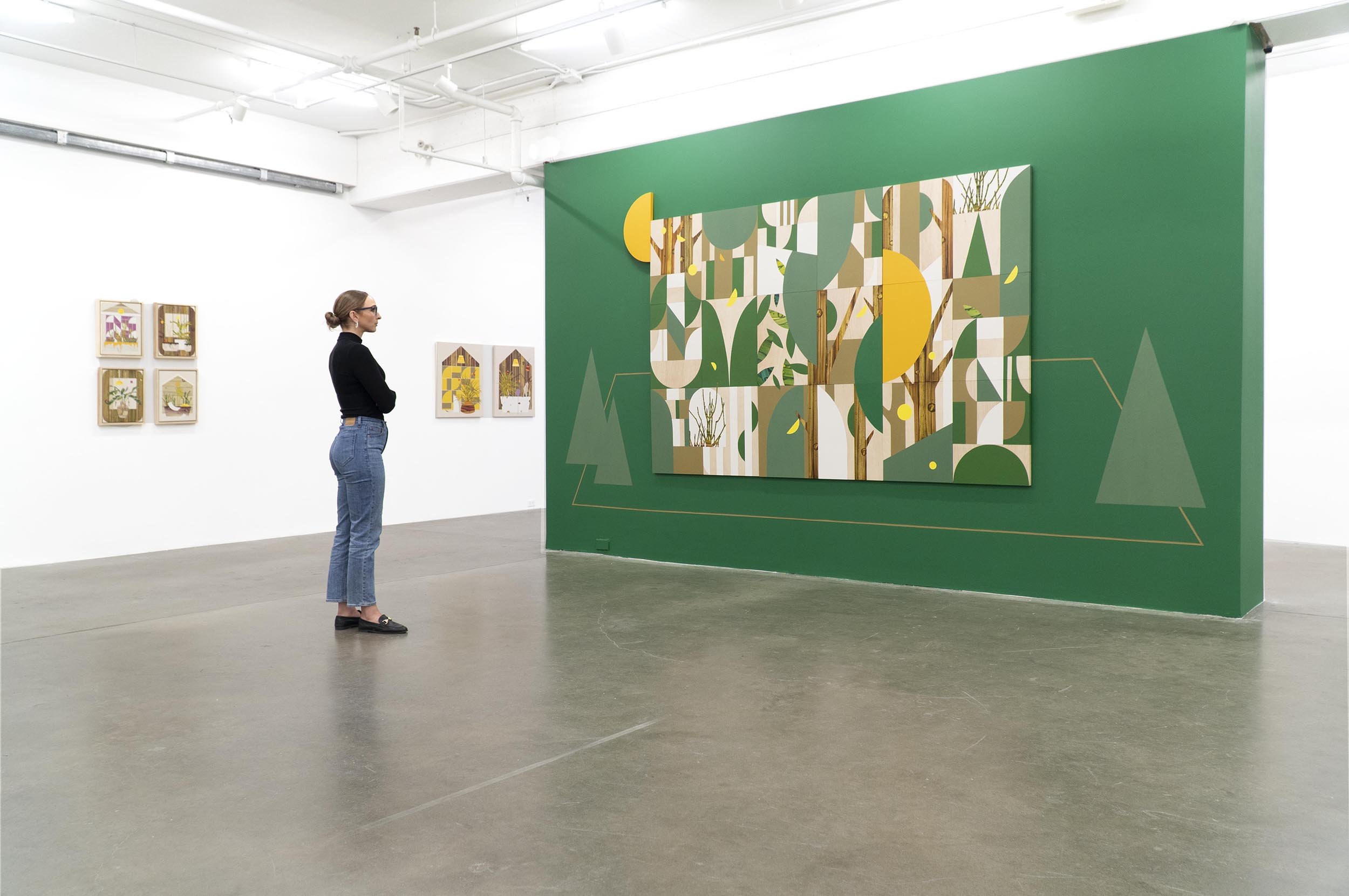 Installation of exhibition Garden Whispers featuring “Mosaic Garden - A Stroll After the Rain”, acryilc and oil on canvas over mulitple joined canvases. Dimensions 72 × 108 inches for central joined panels.