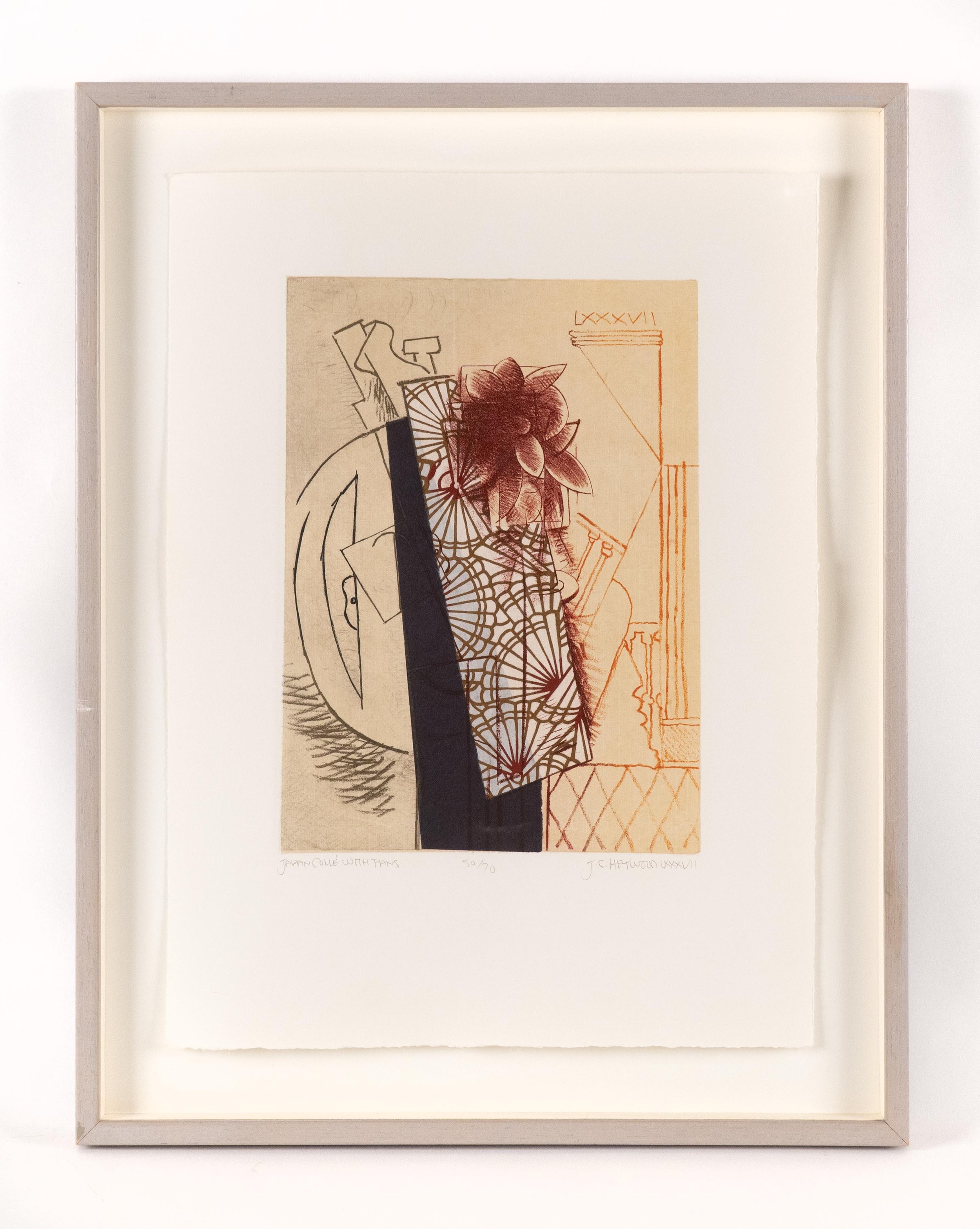 JC Heywood, “Japan Collè with Fans”, 1987, etching, 13.75 x 10.25 inches image size, edition # 50 / 70.