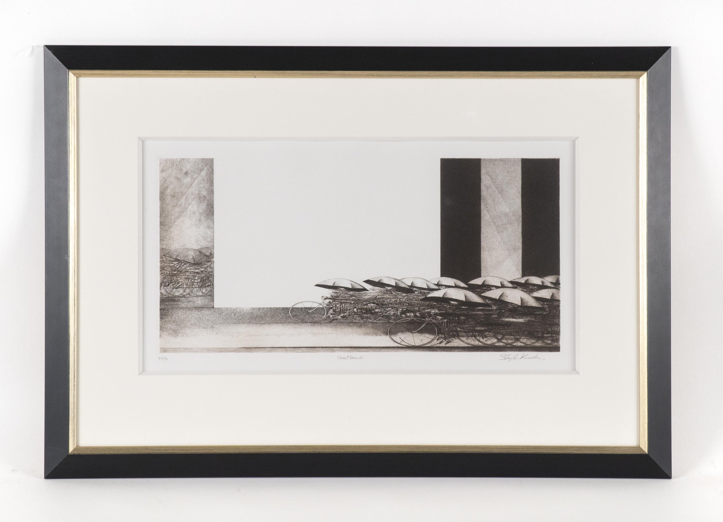 Shigeki Kuroda, “Westbound”, etching, 9.5 x 17.25 inches image size, edition # 44/70.