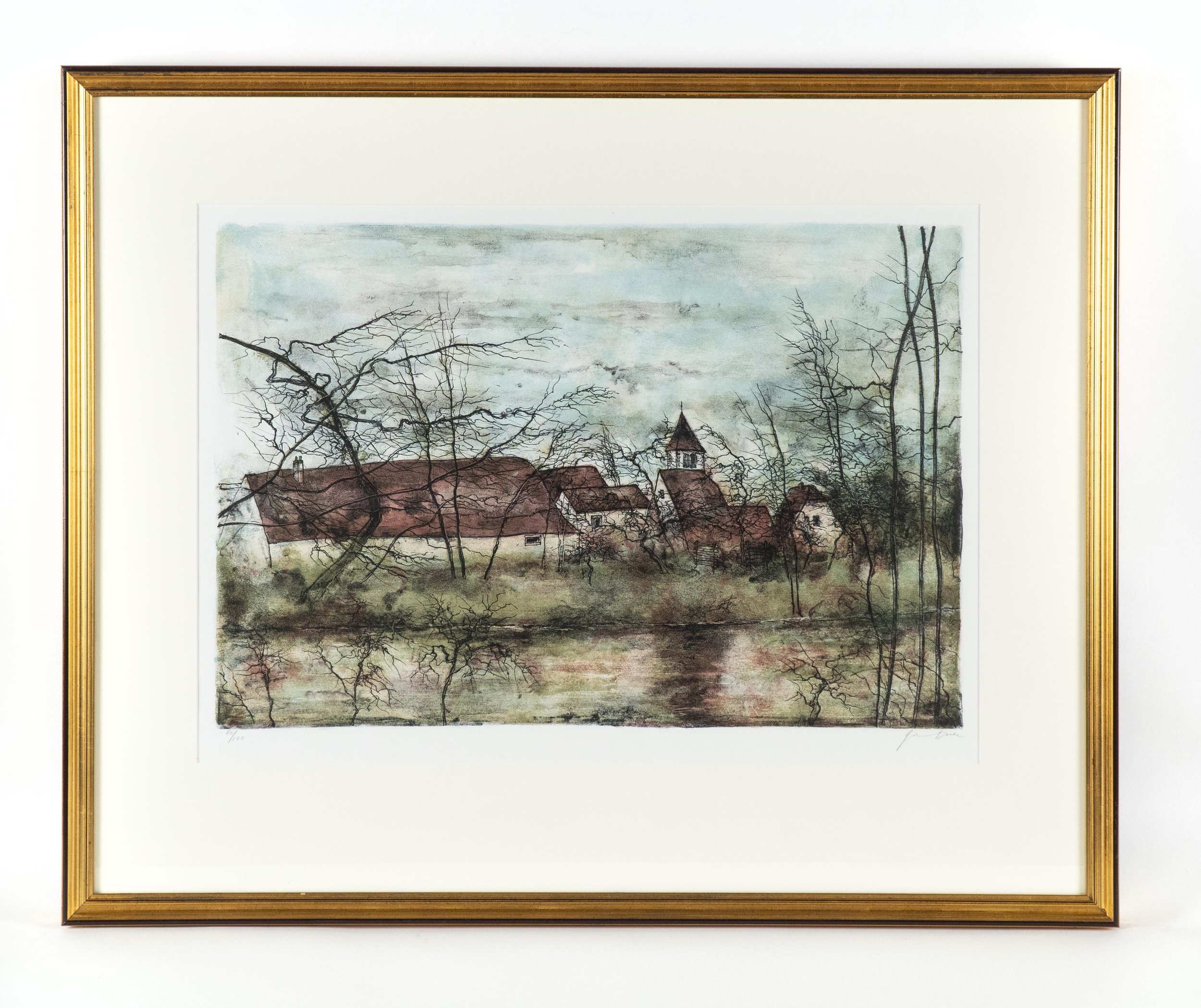 Bernard Gantner, “Village au bord de la riviere”, 1989, original lithograph, edition #60/100.