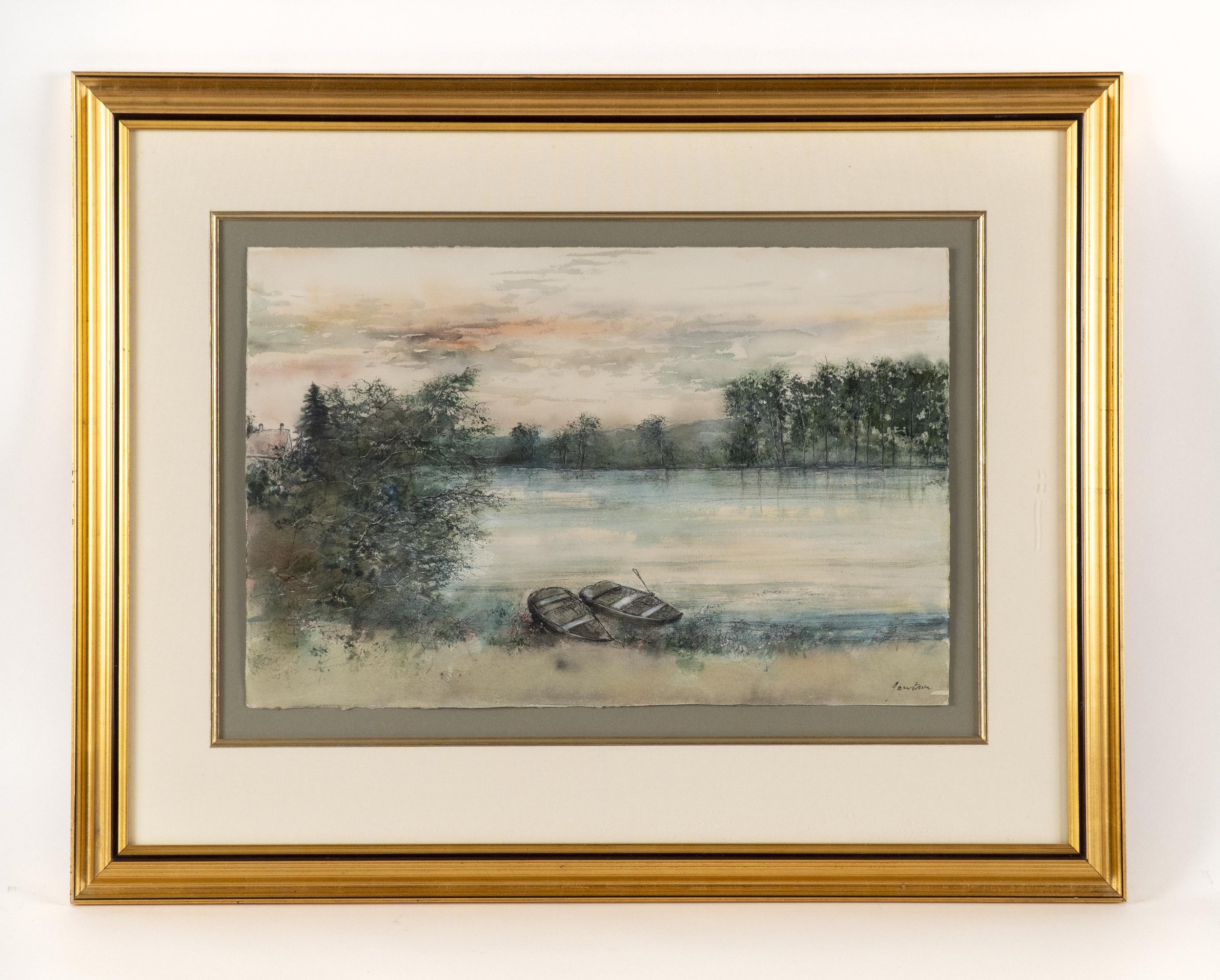 Bernard Gantner, “Barques sur l'etang”, unique watercolour.