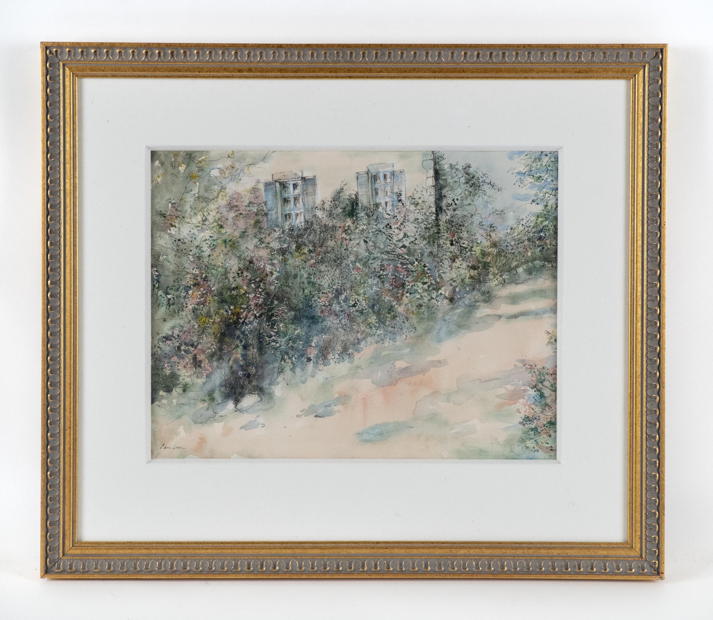 Bernard Gantner, “Untitled watercolour_flowers beside shuttered windows”, original watercolour.