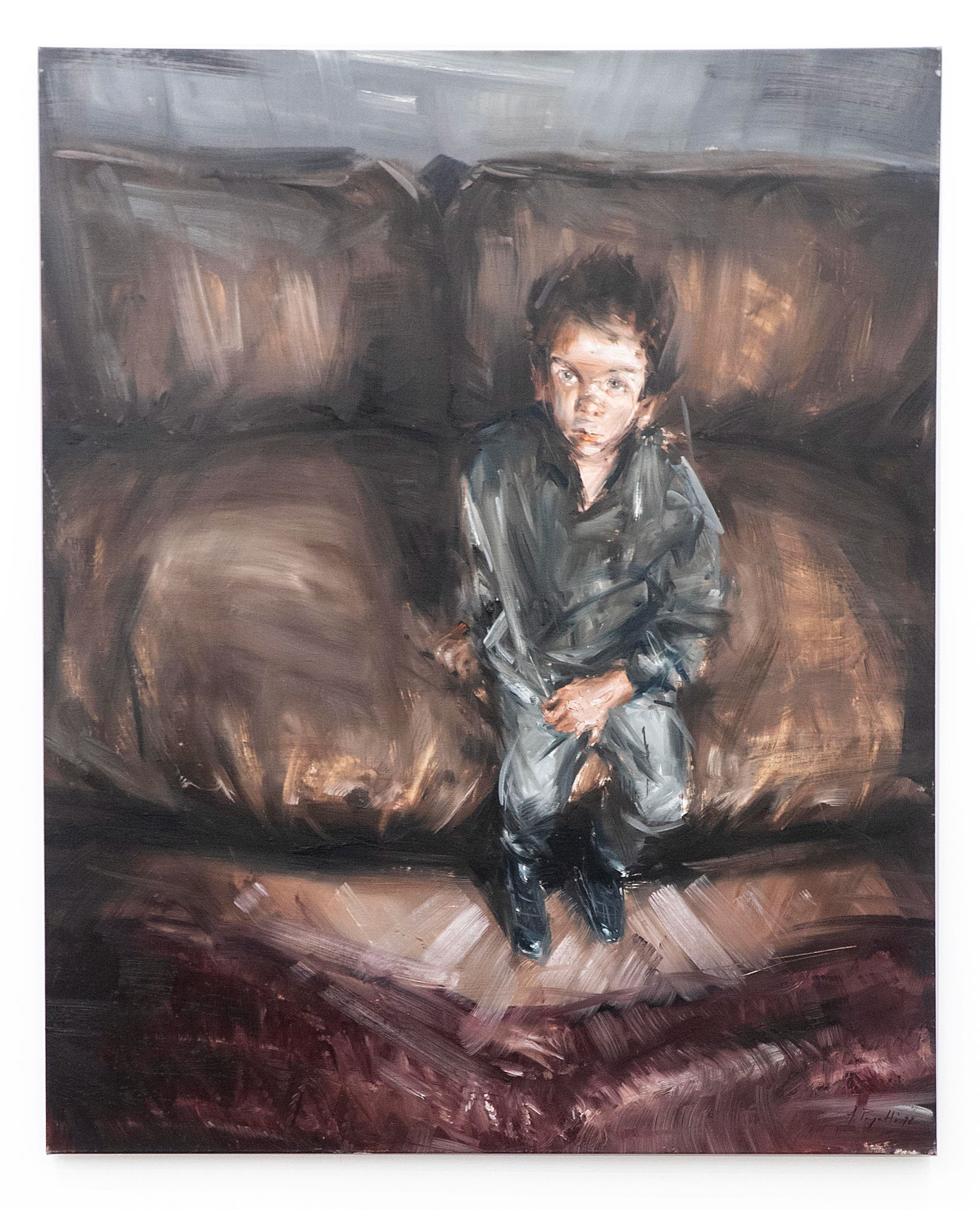 Alessandro Papetti, " Bambino sul divano ", oil on linen, 61 x 51 inches / 155 x 130 cm.