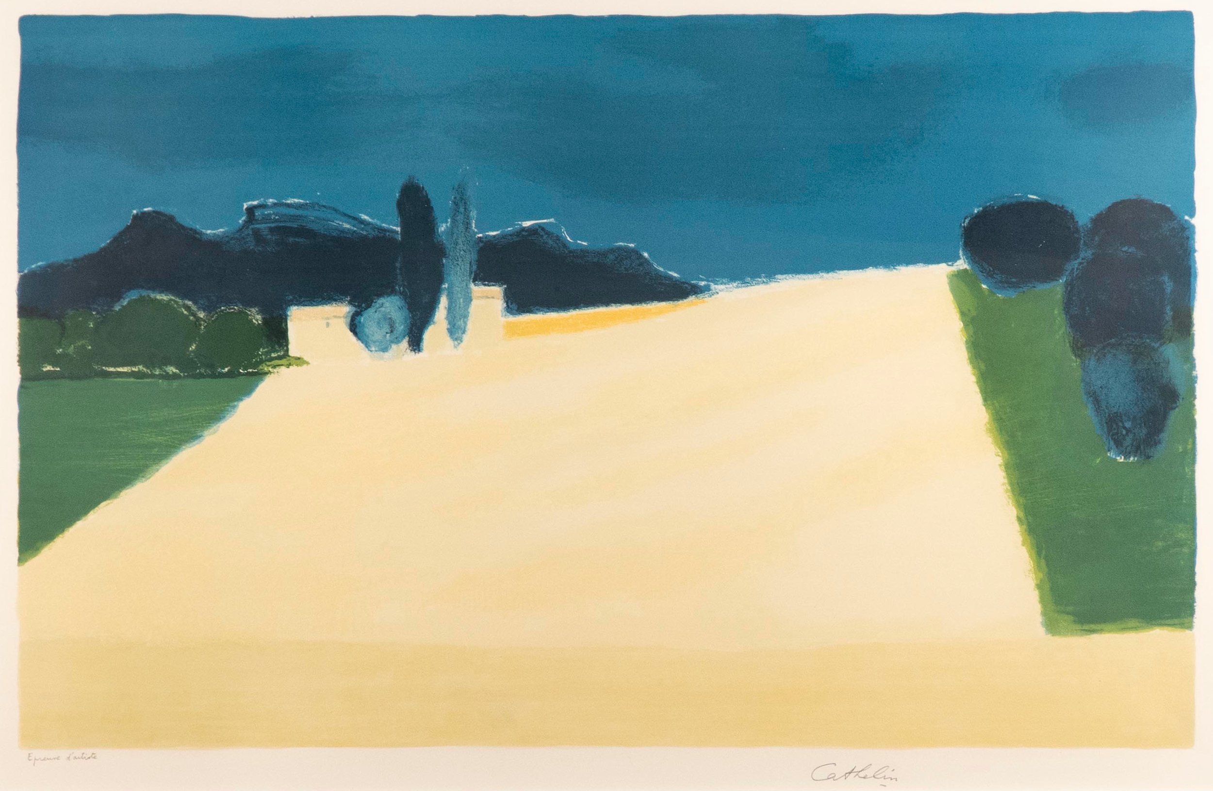 Bernard Cathelin, “Le Champ de blè”, 1988, original lithograph, edition # E.A. from 165 plus proofs. image size 55 x 95 cm; framed size 96.5 x 124.5 cm / 38 × 49 inches.