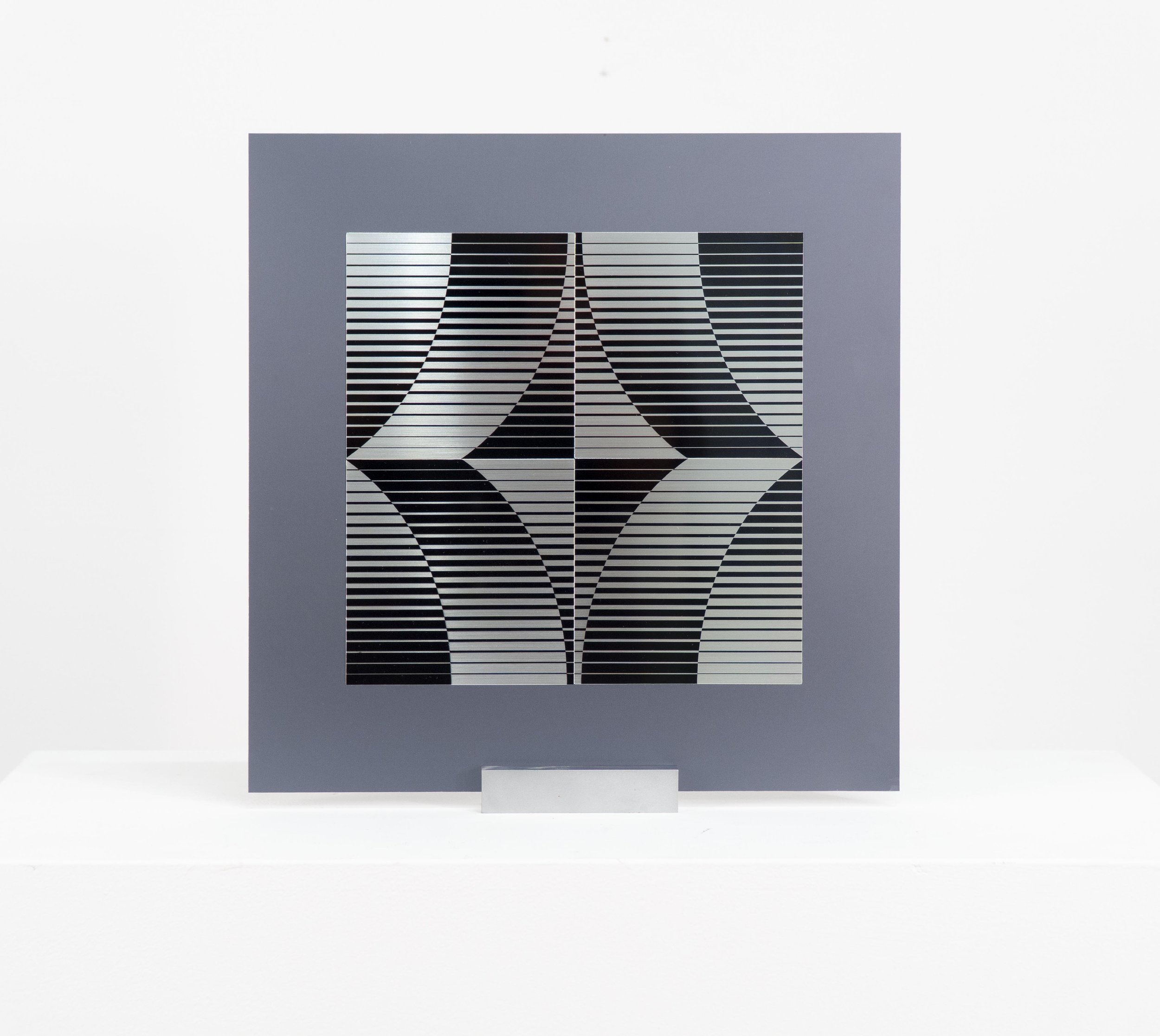 Yvaral (Jean-Pierre Vasarely), Untitled, silkscreen on metal, double-sided image, 12 × 11.75 × 1 inches with base, edition # XIX / XXX. View 2.