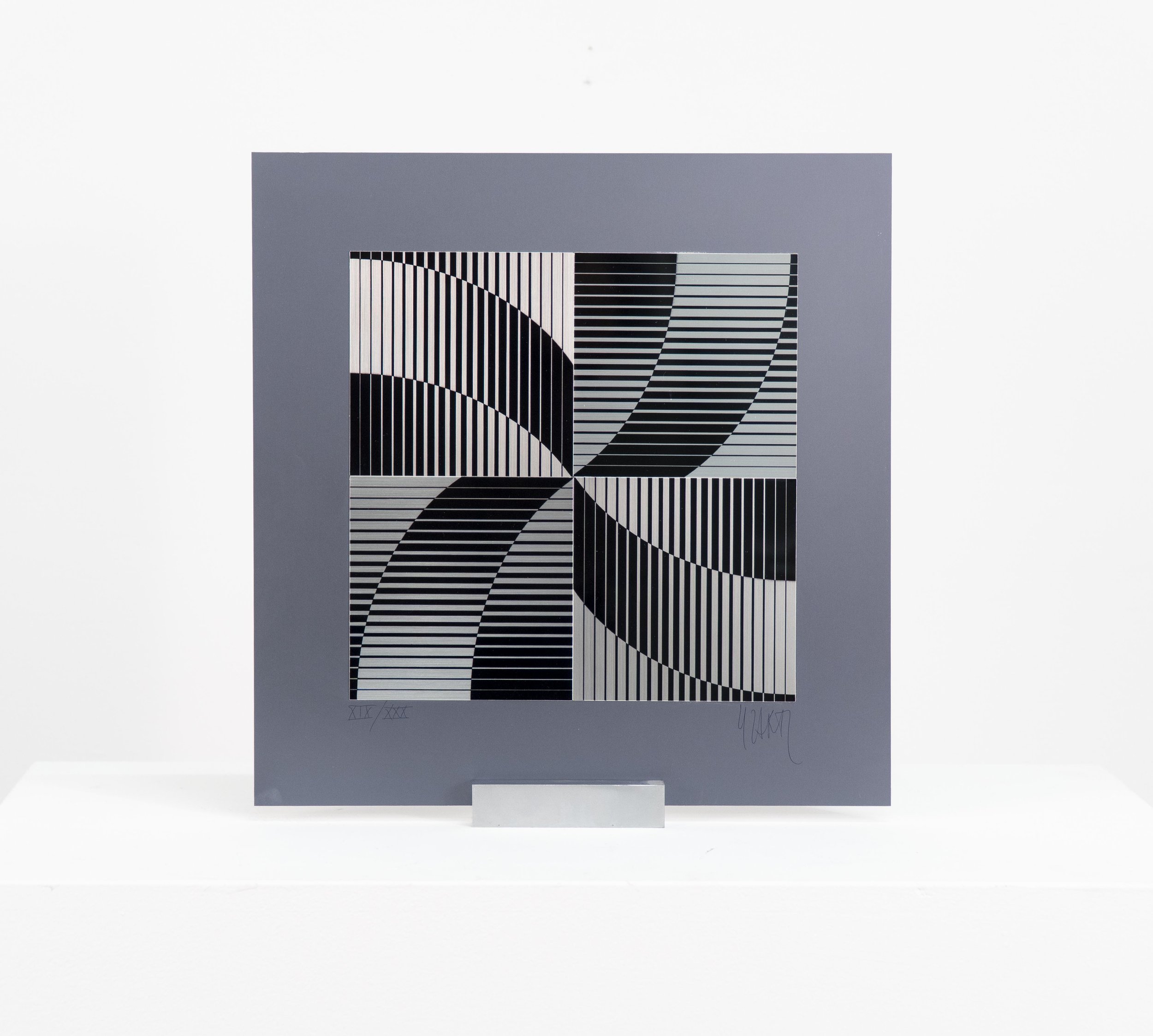 Yvaral (Jean-Pierre Vasarely), Untitled, silkscreen on metal, double-sided image, 12 × 11.75 × 1 inches with base, edition # XIX / XXX. View 1.