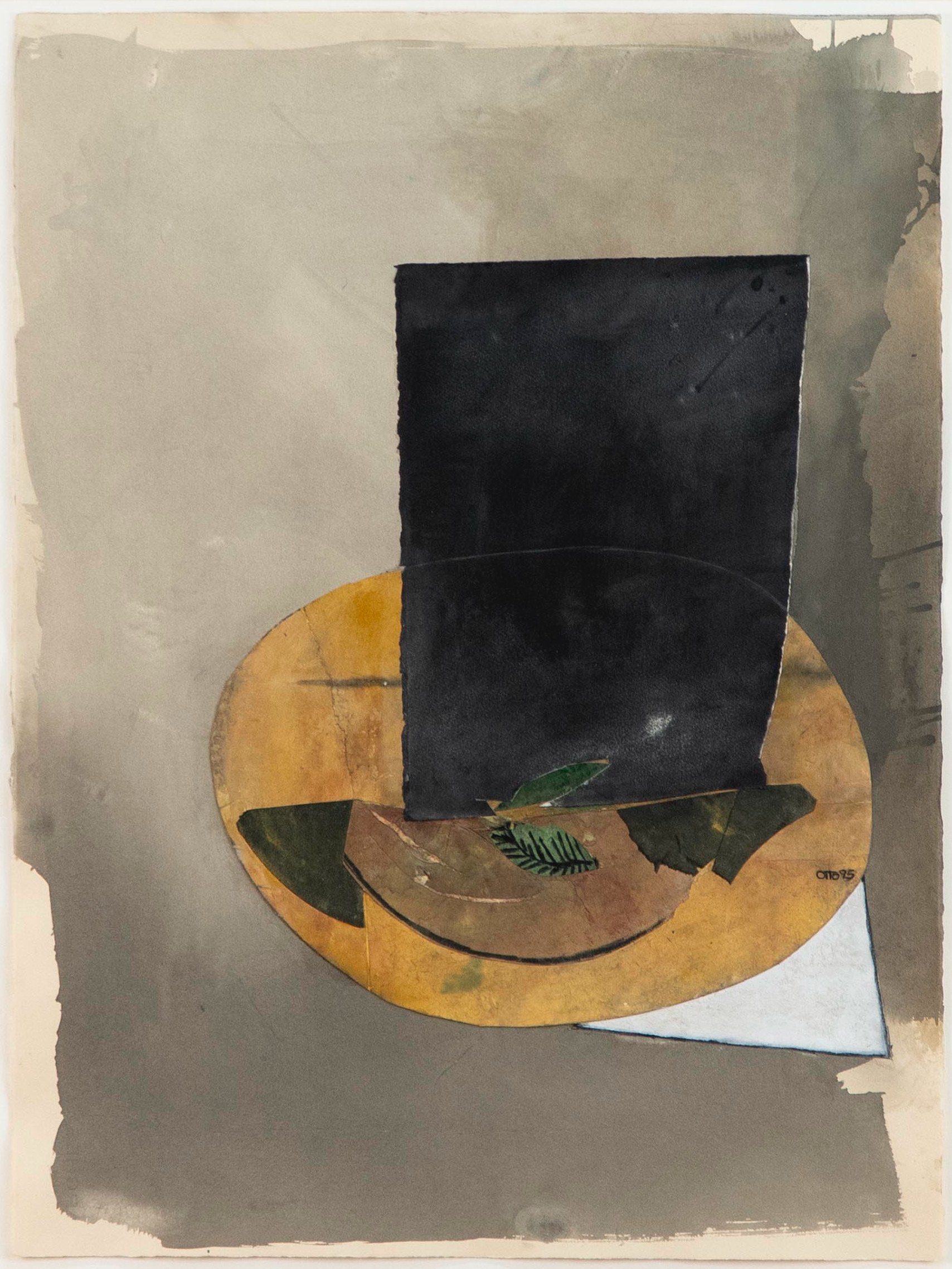 “Table Fragments in the Sun”, acrylic and paper collage on paper, 30 × 22 inches paper size / 39.5 × 31.25 inches framed.