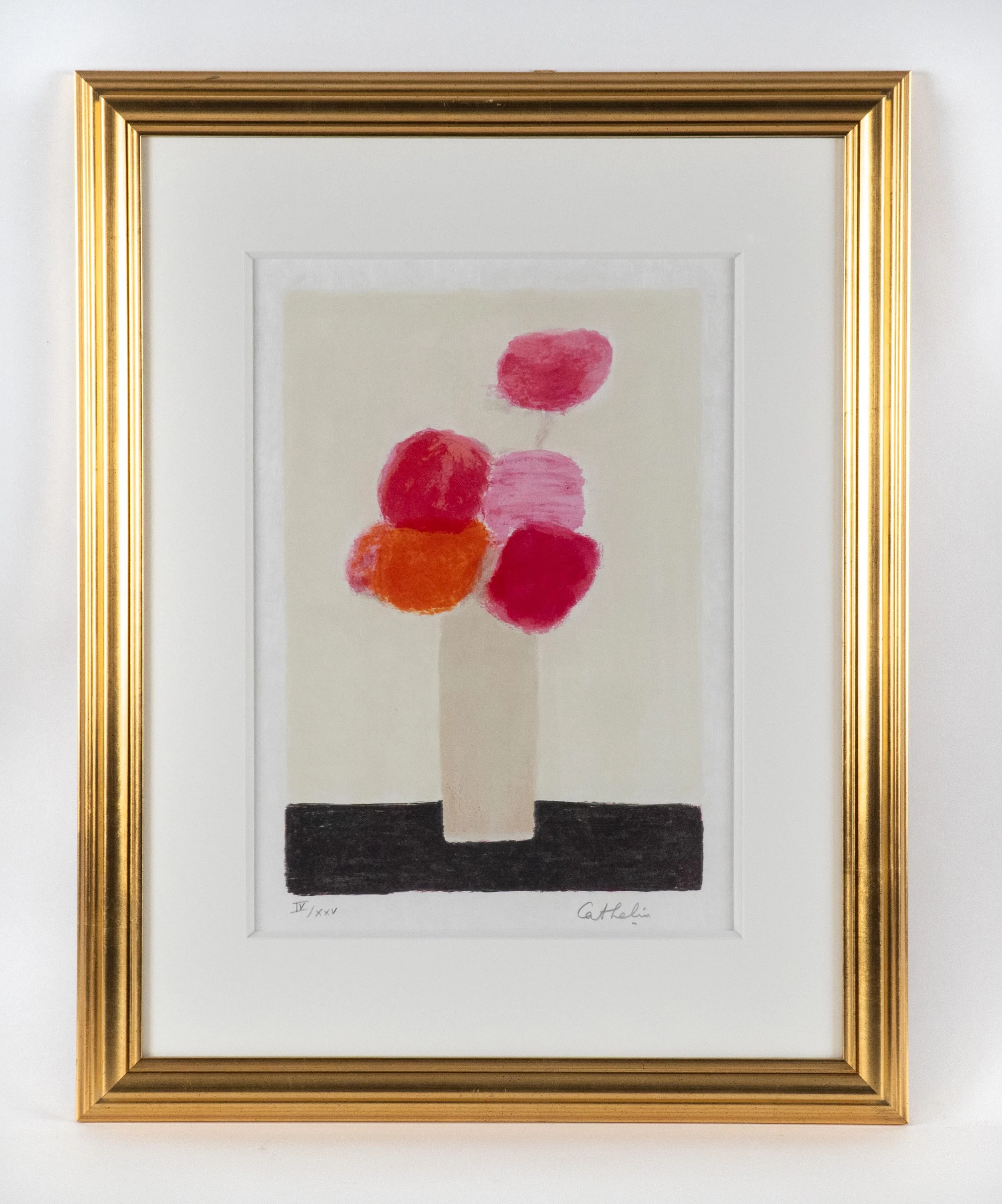 Bernard Cathelin, “Bouquet rouge et rose à la table noire“, 1995, original lithograph, 40 × 28 cm / 15.75 × 11 inches. edition # IV / XXV.