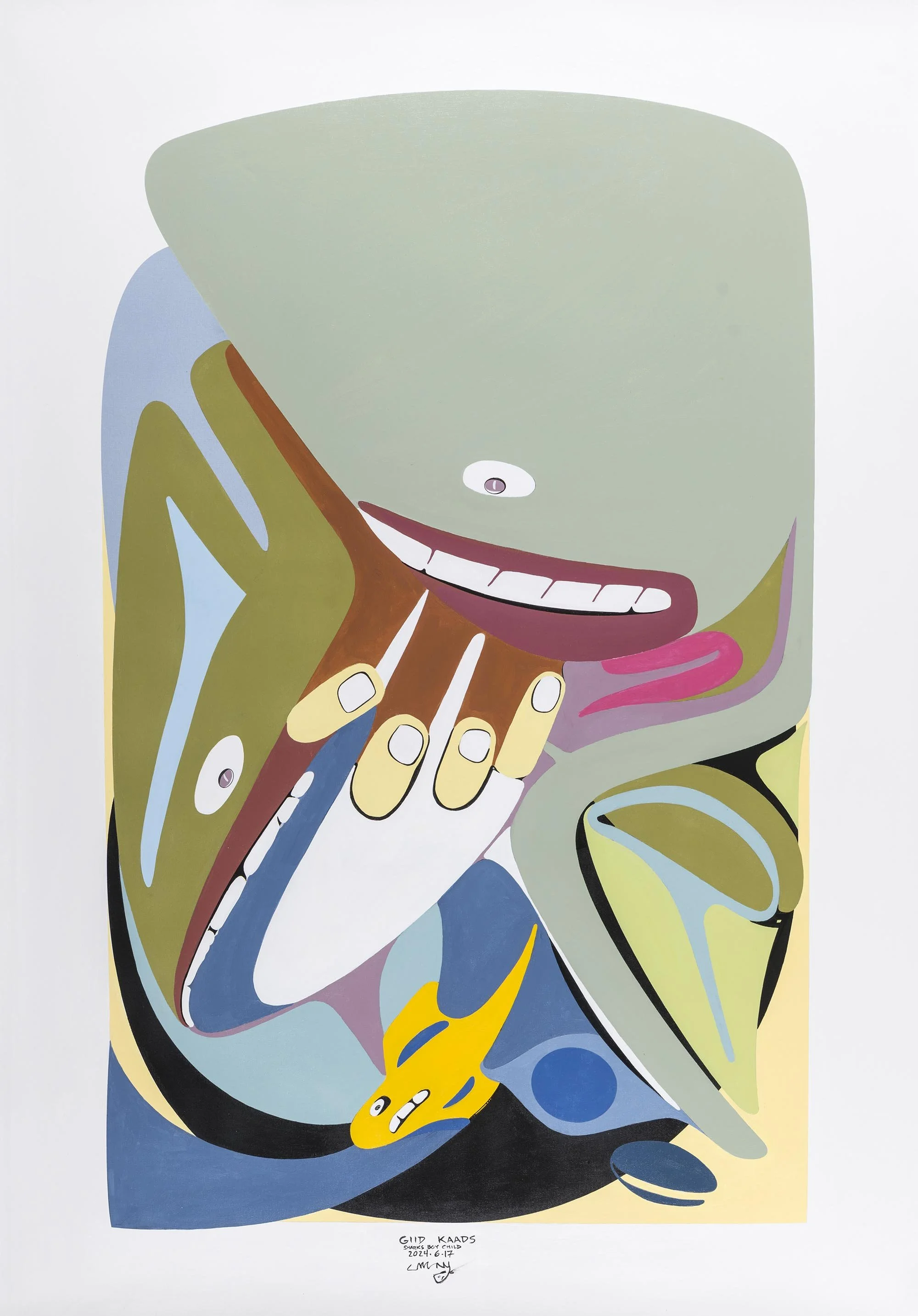 “Giid Kaads, Sharks, Boy Child”, acrylic on canvas, 150cm x 100cm.