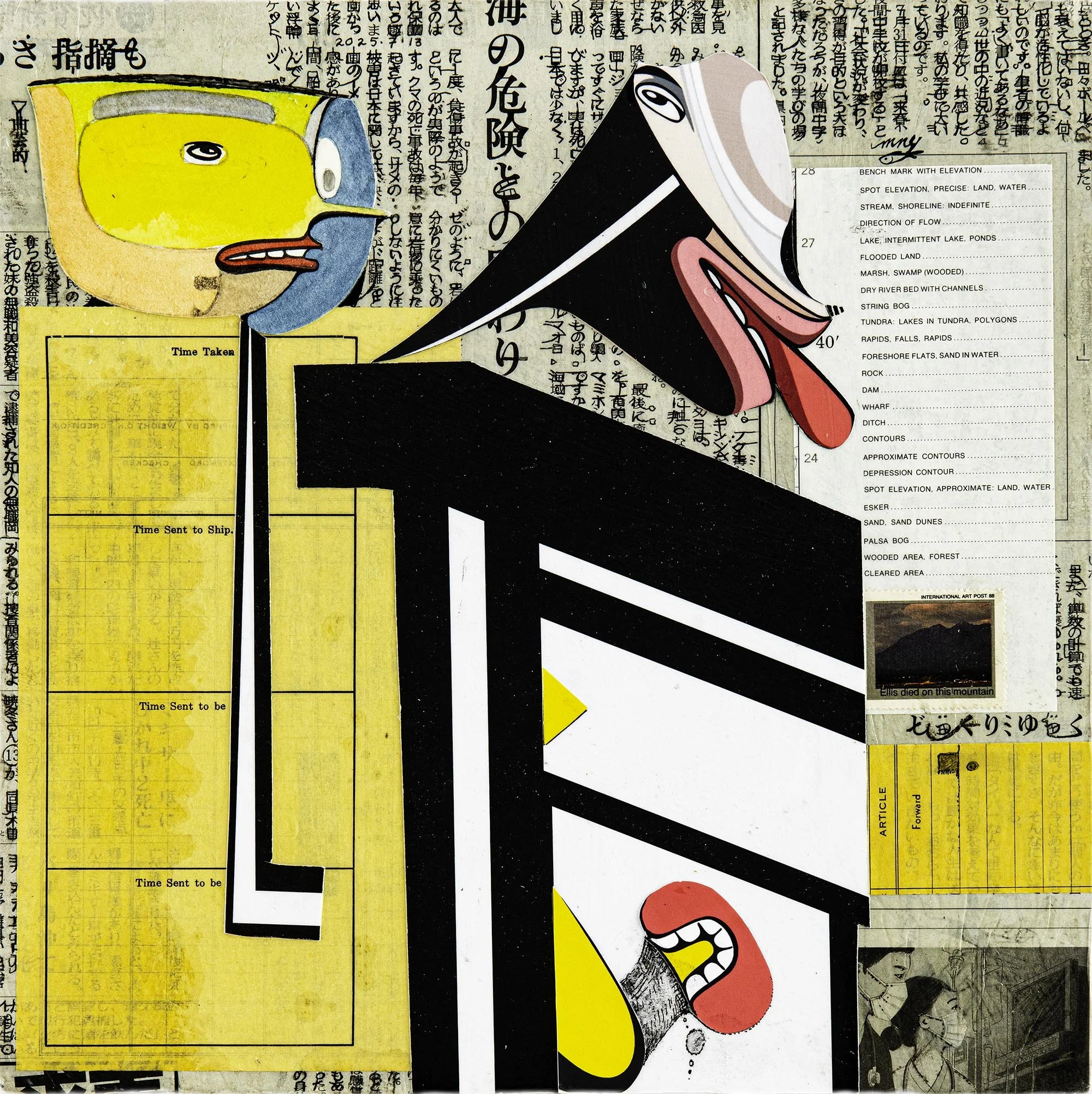 “Mary and Ellis”, acrylic, ink, collage on panel, 12 × 12 inches.