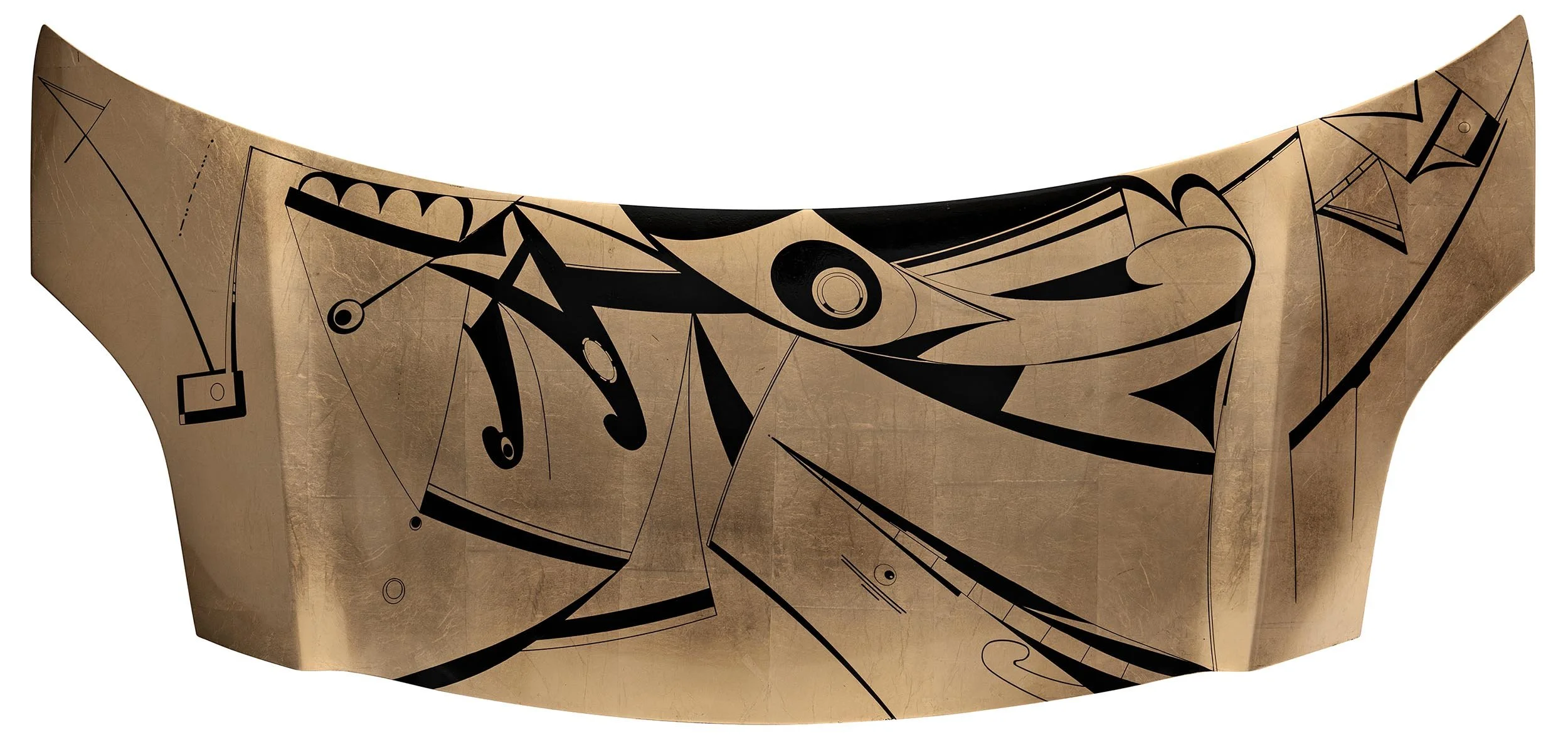 “Cosmama #1”, copper-leafed car hood, paint pigments, 26 x 54 x 4 inches.