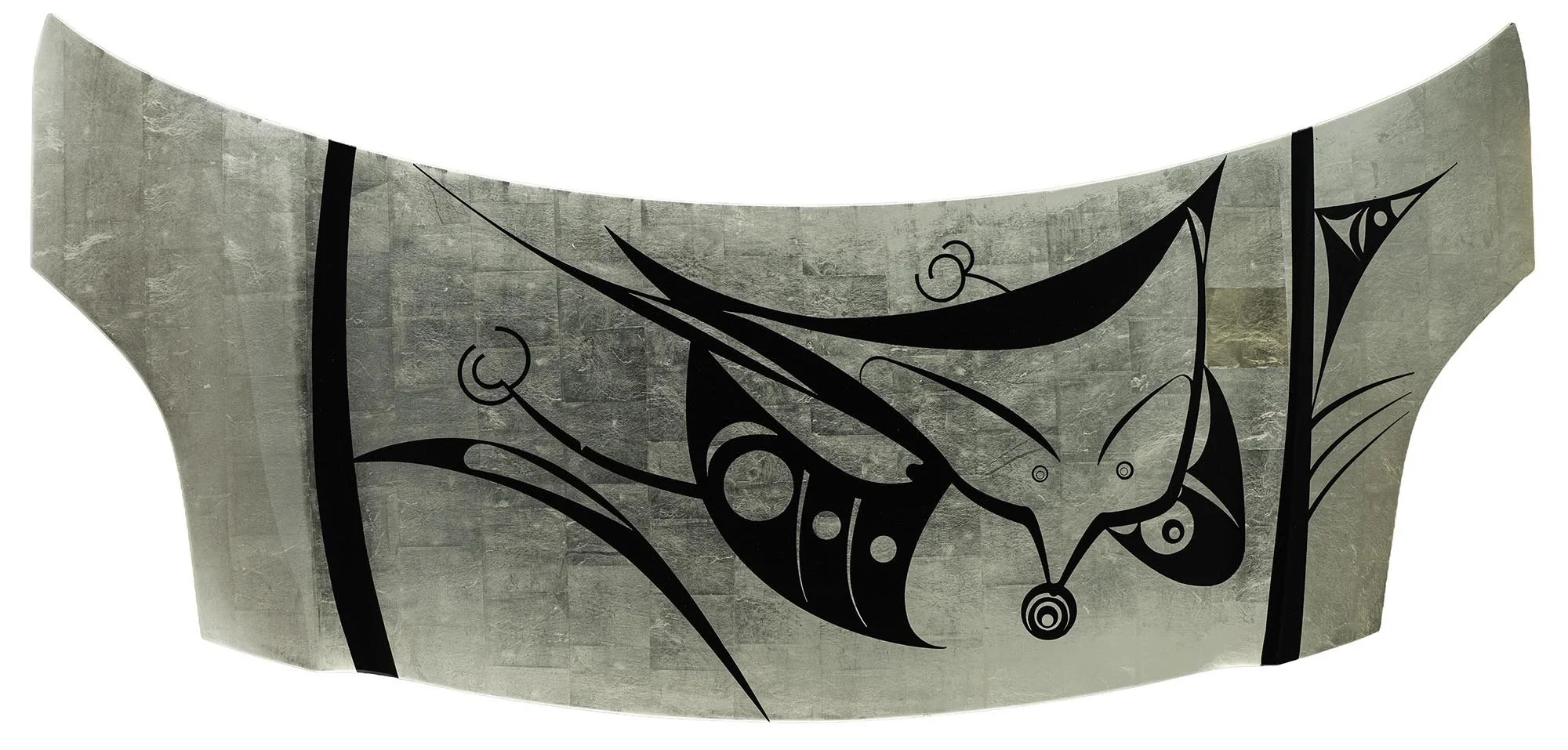 “Berry Spring”, platinum-leafed car hood, paint pigments, 26 x 54 x 4 inches.