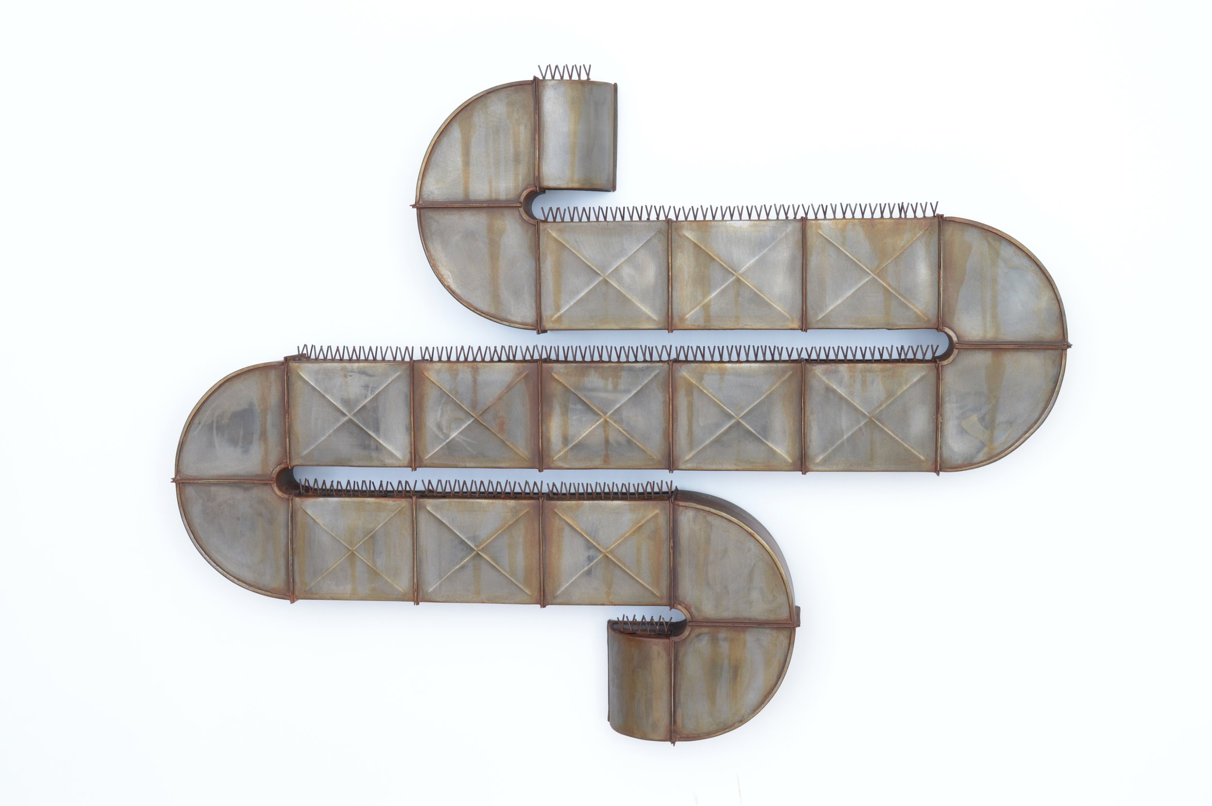  Frans Lotz, “P!GEON”, nickel plated steel with patina, 2025, 25 x 19 x 2 inches.  