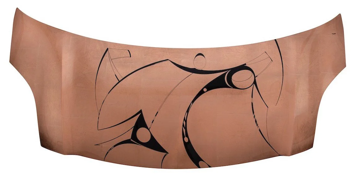 “Dancing Asia “  “Falling Tide (Coppers From the Hood)”, copper-leafed car hood, paint pigments, 26 x 54 x 4 inches.   ENQUIRE  