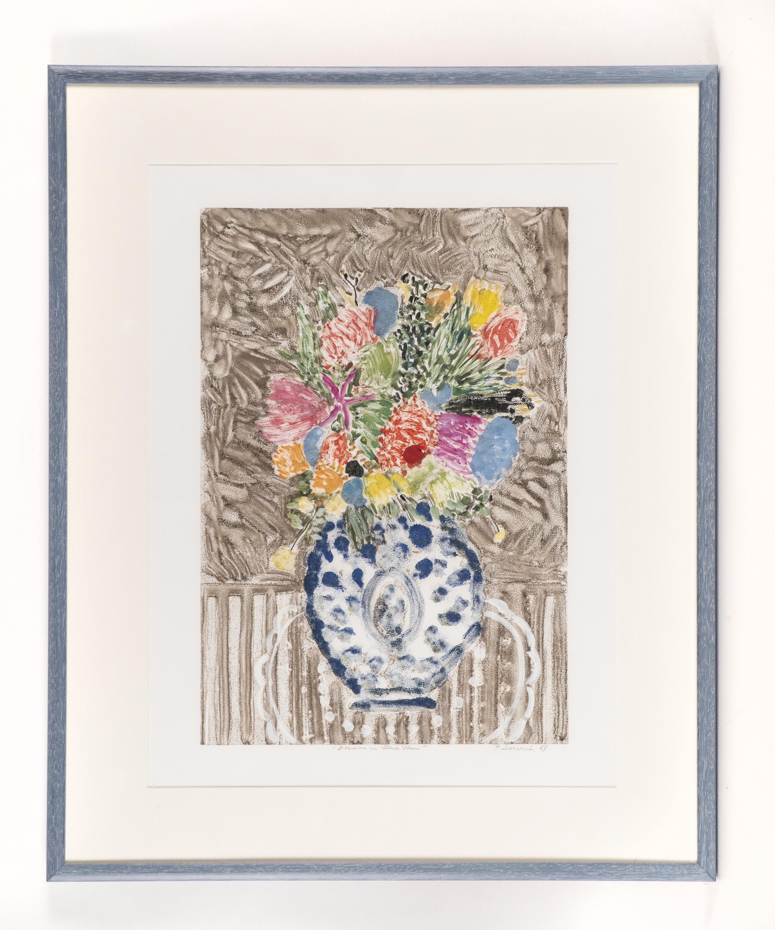  Pat Service, Flowers in a Blue Vase, 1989, monotype, 22 x 15 inches image. 