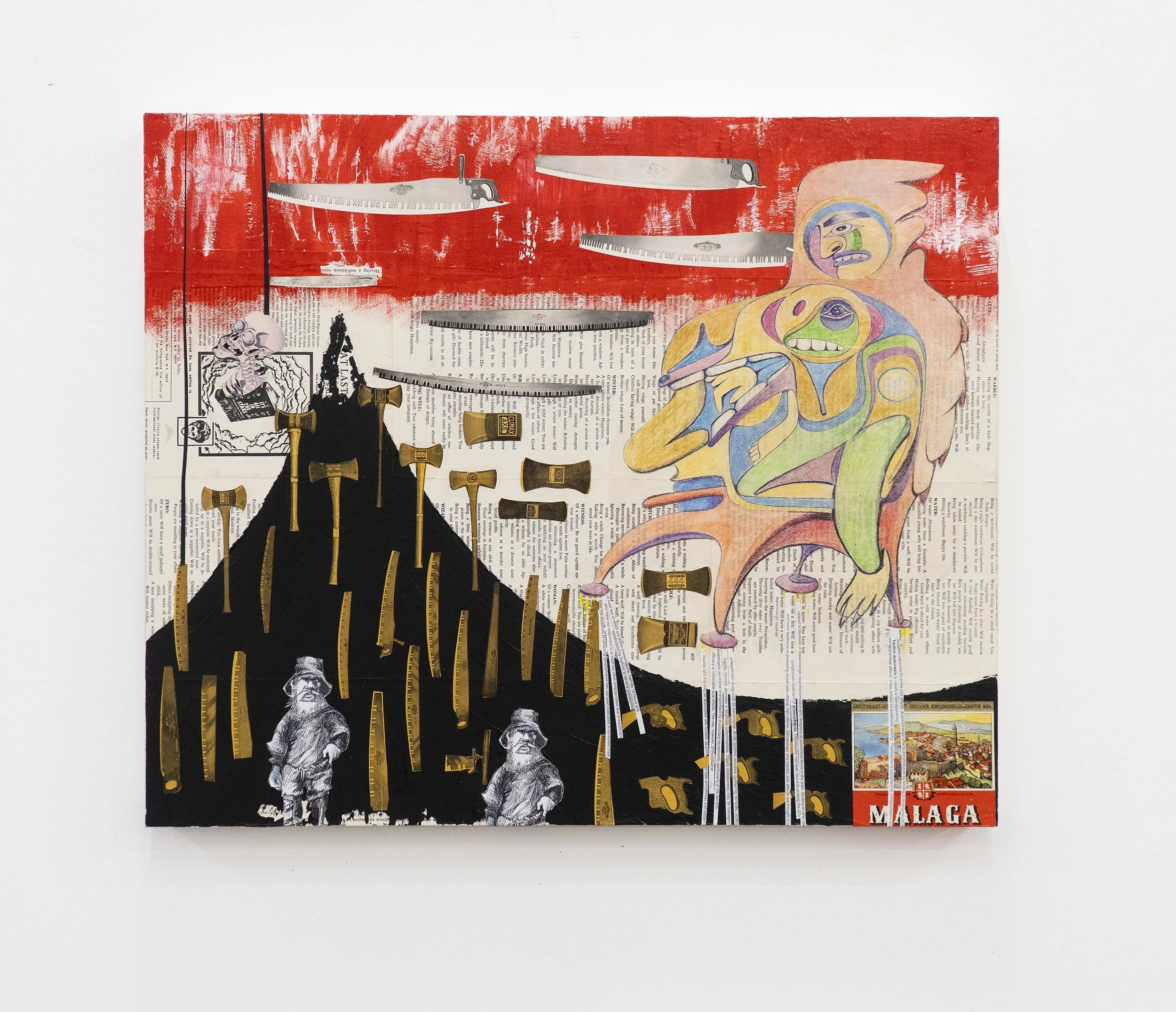  Yahgulanaas,  At Last (Volcano) , collage of historical ledger paper, historical maps, medical text, labels from historical catalogue, kozo washi/Japanese paper, acrylics, pencil crayon, and ink on birchwood support, 51 x 61 x 4 cm / 20 x 24 x 1.5 i