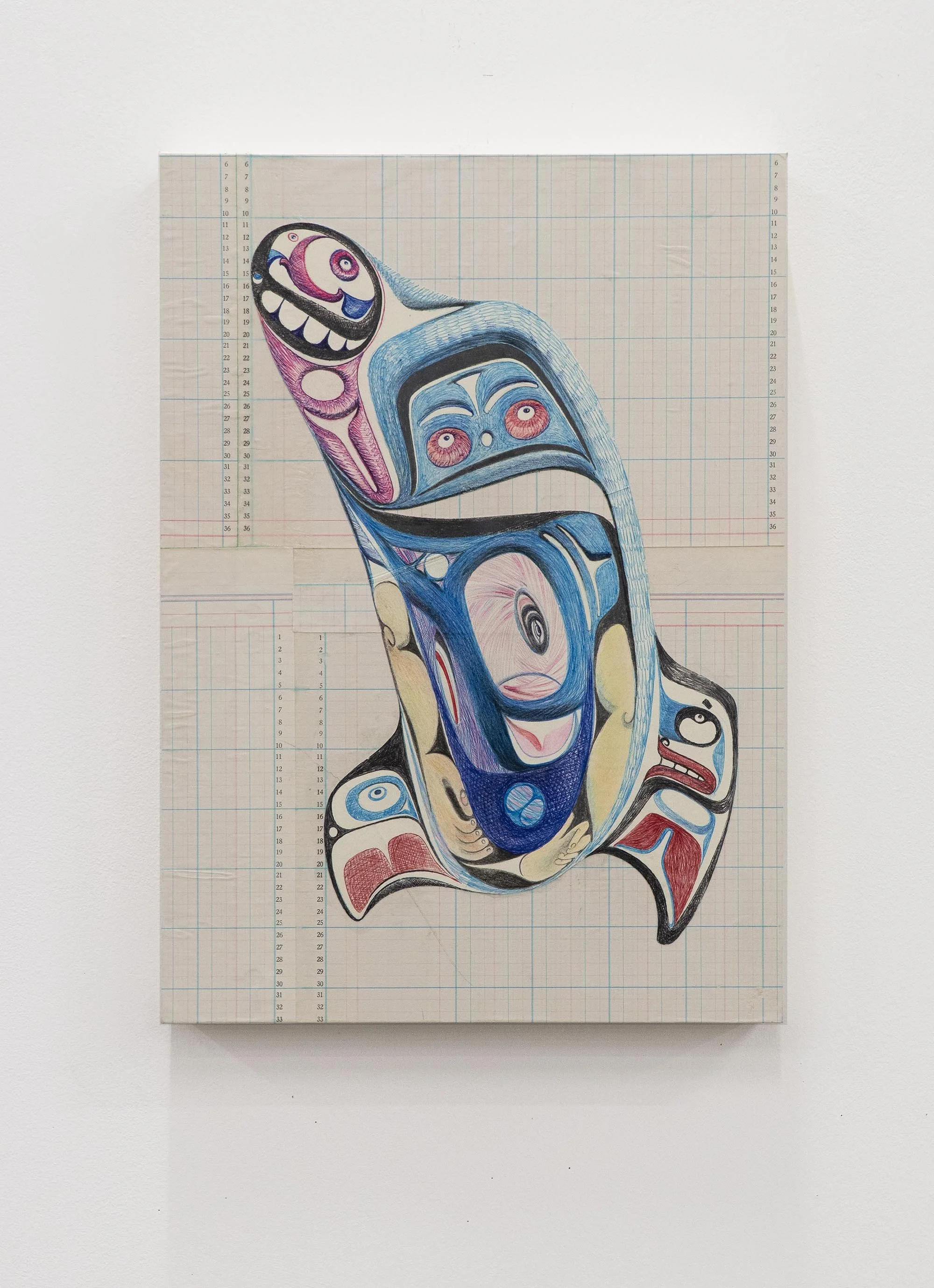  Yahgulanaas,  Holding Tight,   2022, collage of historical ledger paper, pencil crayon and ink on wood support, 35.5 x 45.5 x 4 cm / 14 x 18 x 1.5 inches.  Front view.    ENQUIRE  