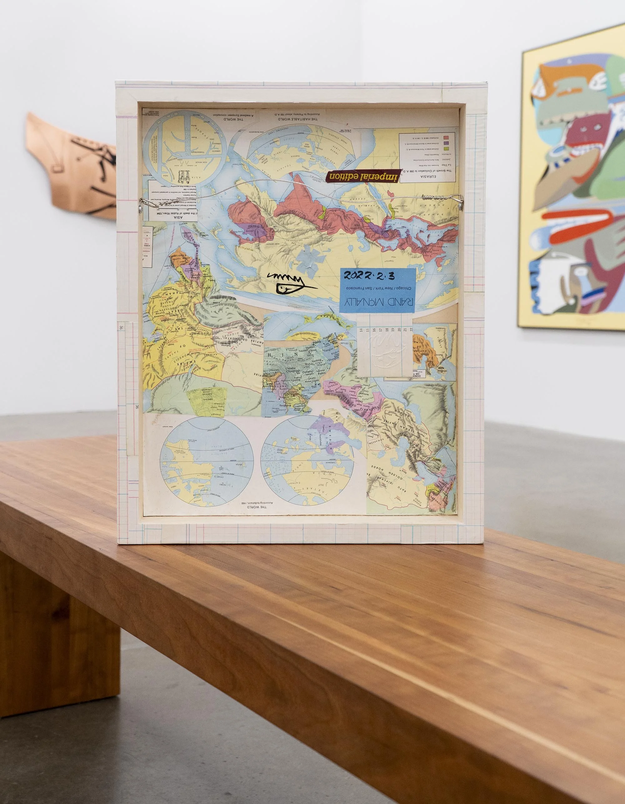 Yahgulanaas,  Holding Tight,   2022, collage of historical ledger paper, pencil crayon and ink on wood support, 35.5 x 45.5 x 4 cm / 14 x 18 x 1.5 inches.  Verso view.    ENQUIRE  