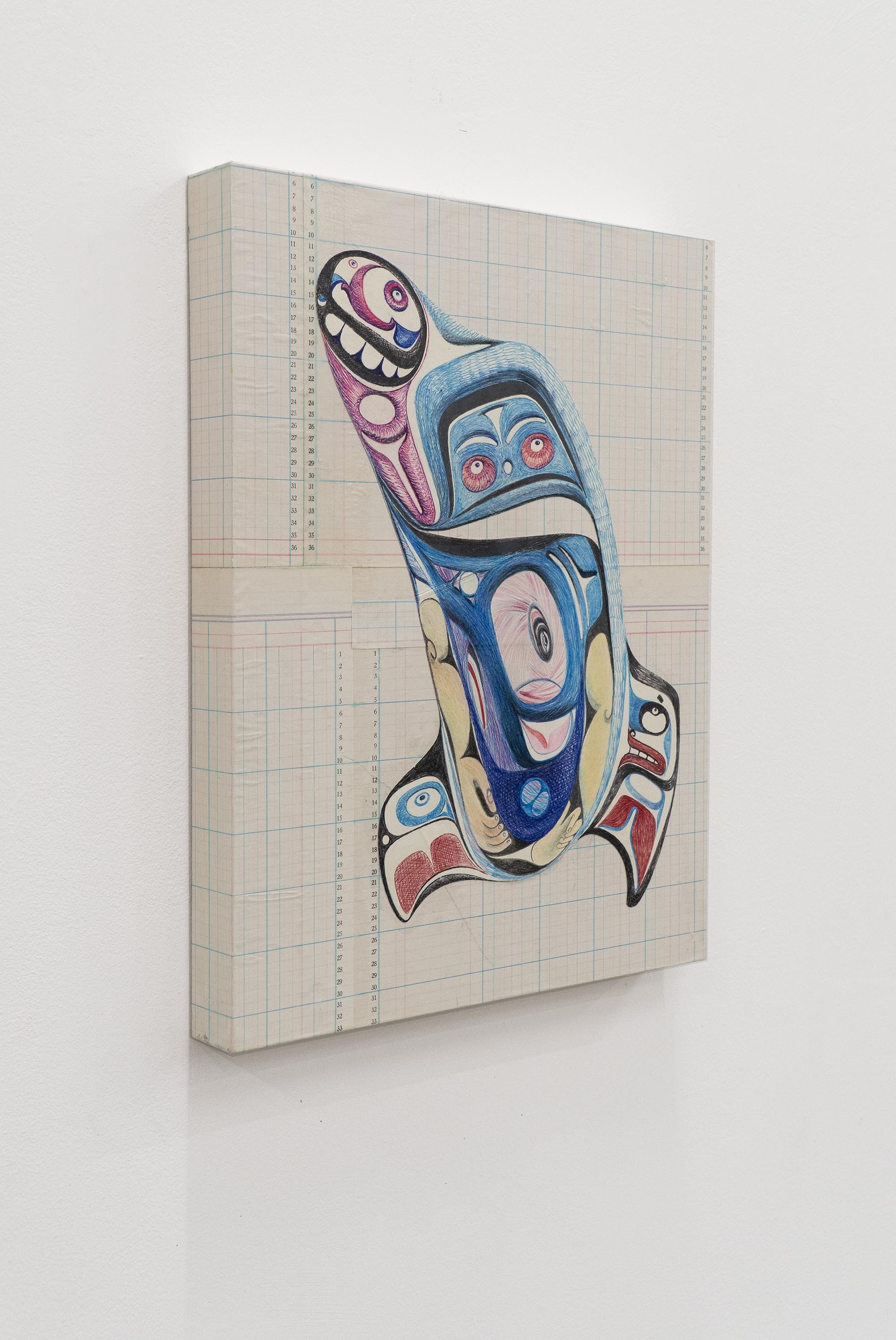  Yahgulanaas,  Holding Tight,   2022, collage of historical ledger paper, pencil crayon and ink on wood support, 35.5 x 45.5 x 4 cm / 14 x 18 x 1.5 inches.  Side view.    ENQUIRE  