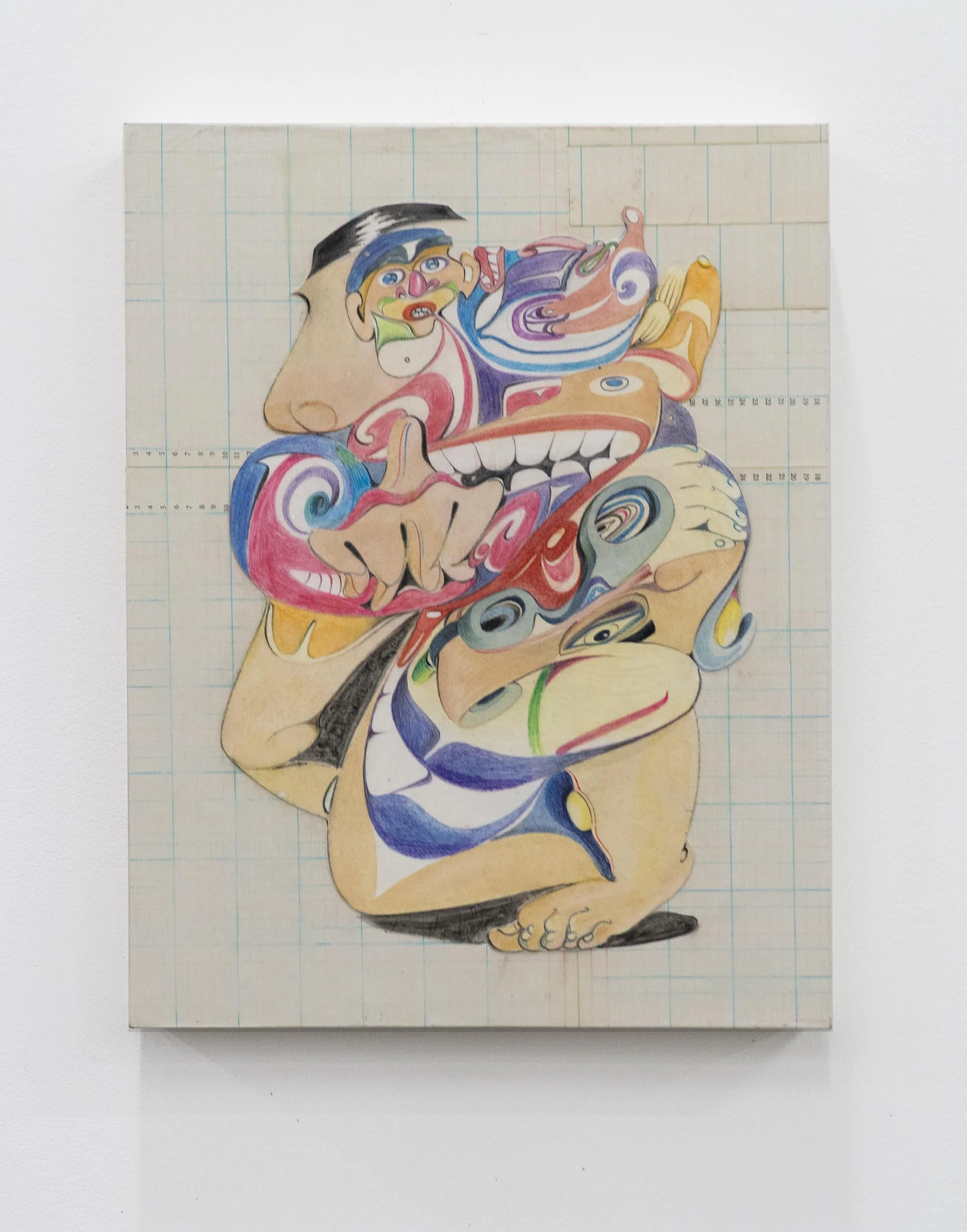  Yahgulanaas,  Jiggly Jack,   2022, collage of historical ledger paper, pencil crayon and ink on wood support, 47 x 35.5 x 4 cm / 18.5 x 14 x 1.5 inches.  Front view.    ENQUIRE  
