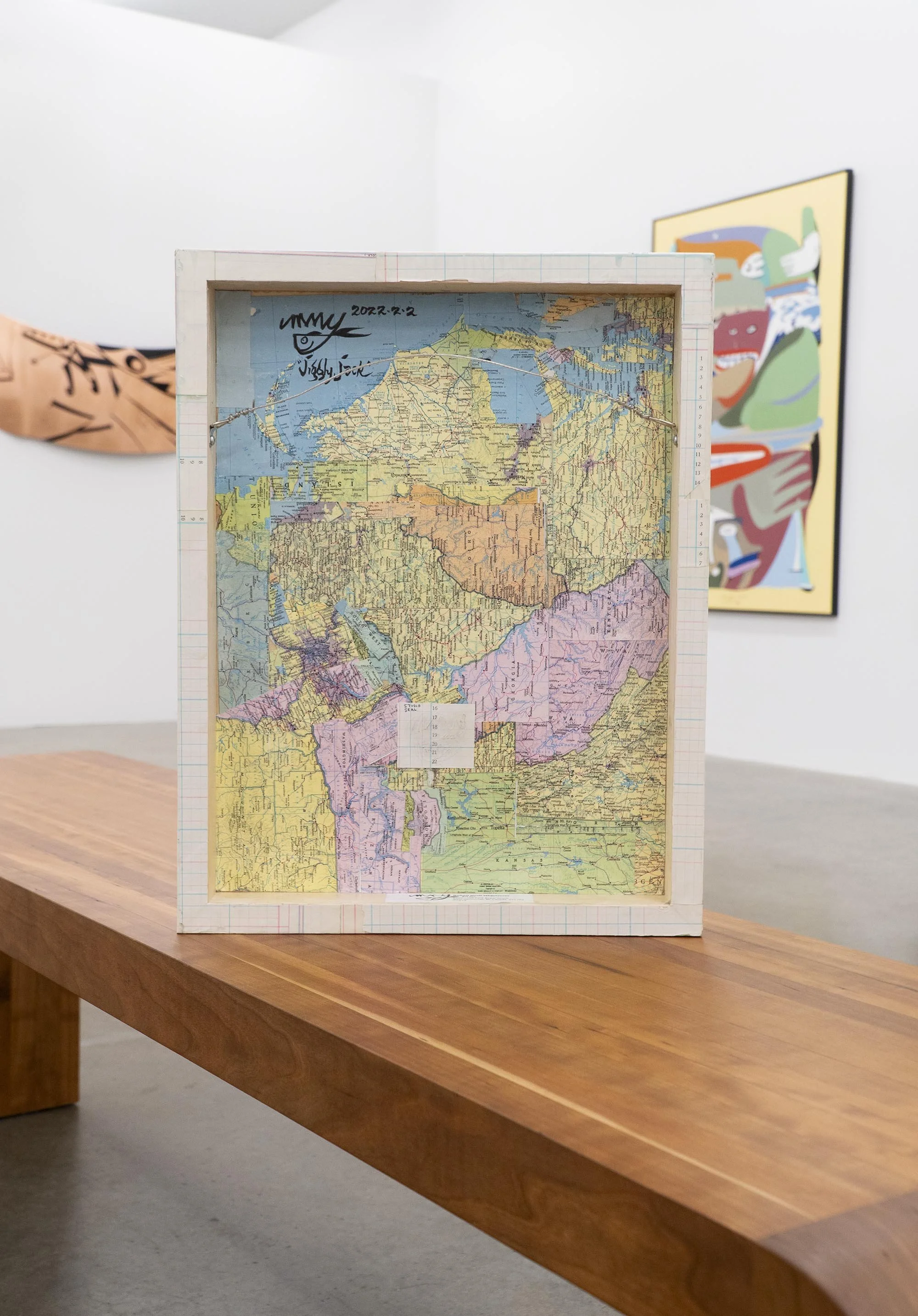  Yahgulanaas,  Jiggly Jack,   2022, collage of historical ledger paper, pencil crayon and ink on wood support, 47 x 35.5 x 4 cm / 18.5 x 14 x 1.5 inches.  Verso view.    ENQUIRE  