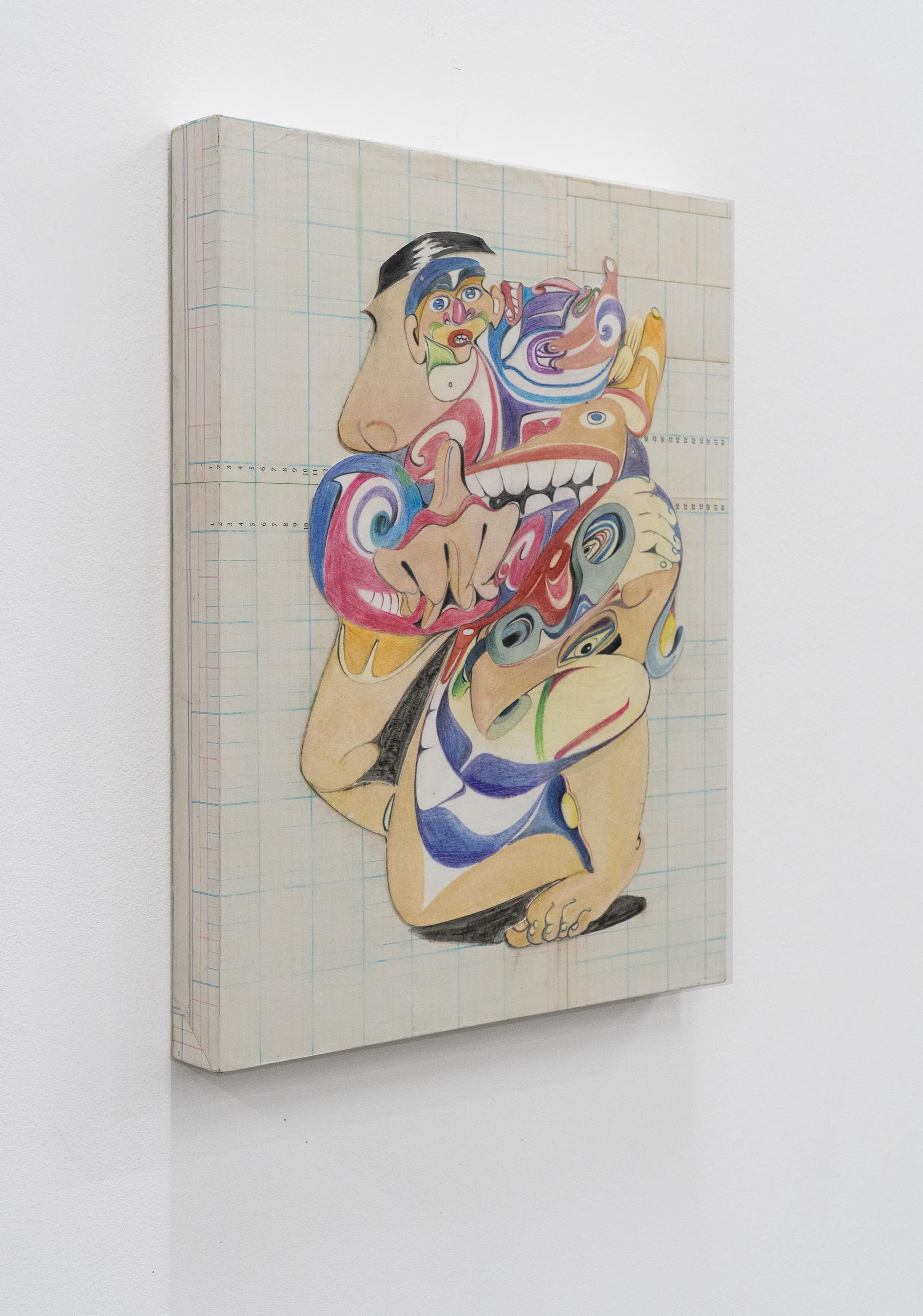  Yahgulanaas,  Jiggly Jack,   2022, collage of historical ledger paper, pencil crayon and ink on wood support, 47 x 35.5 x 4 cm / 18.5 x 14 x 1.5 inches.  Side view.    ENQUIRE  