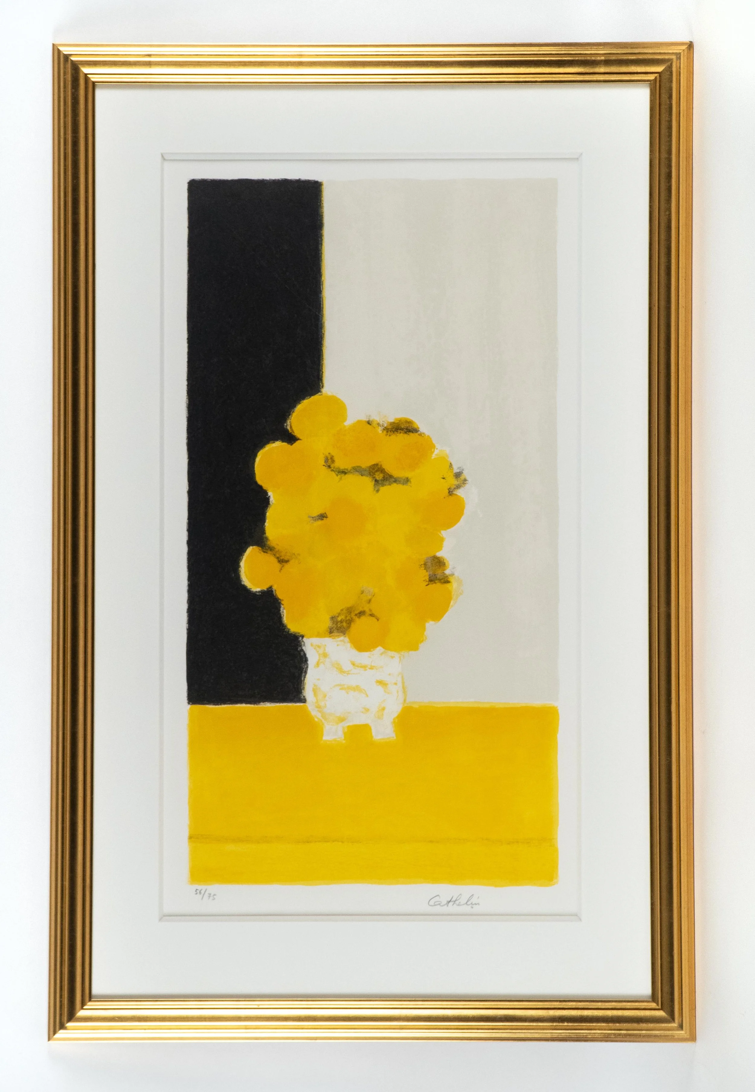  Bernard Cathelin, “Bouquet de roses d'Inde au vase de Chine et à la table jaune”, 1995, original lithograph, 73.5 × 38.5 cm / 28.5 x 15 inches, edition # 56/75.   ENQUIRE  