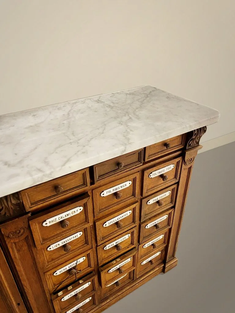apothecary cabinet- right side marble top and drawers.JPG