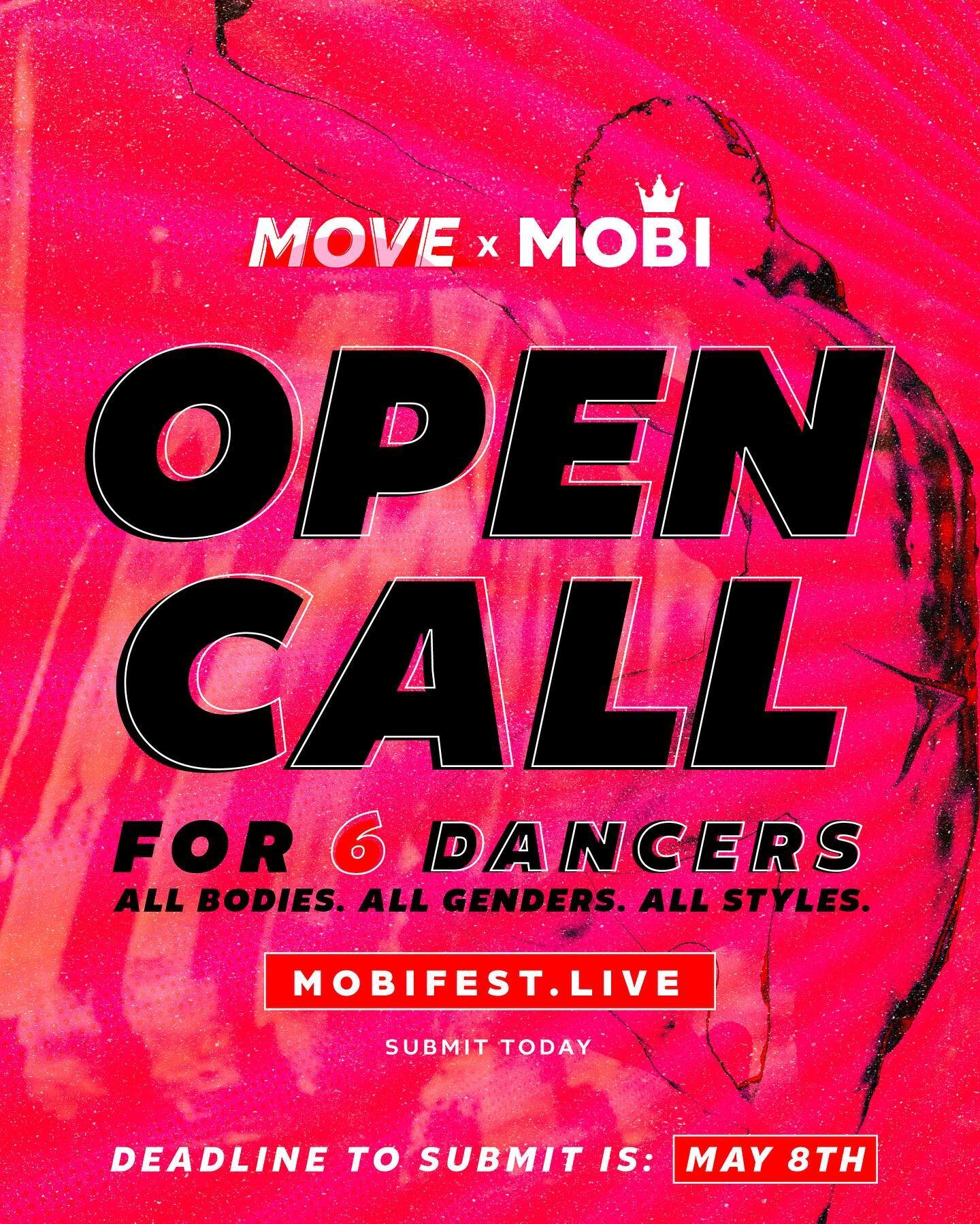 *ANNOUNCMENT* 

#MOVExMOBI is having an OPEN CALL for 6 dancers for MOBIfest 2023 

#MOVExMOBI is the official dance crew of MOBIfest 2023 and we&rsquo;re looking for SIX DANCERS to take the stage with this year&rsquo;s lineup of Black queer artists.