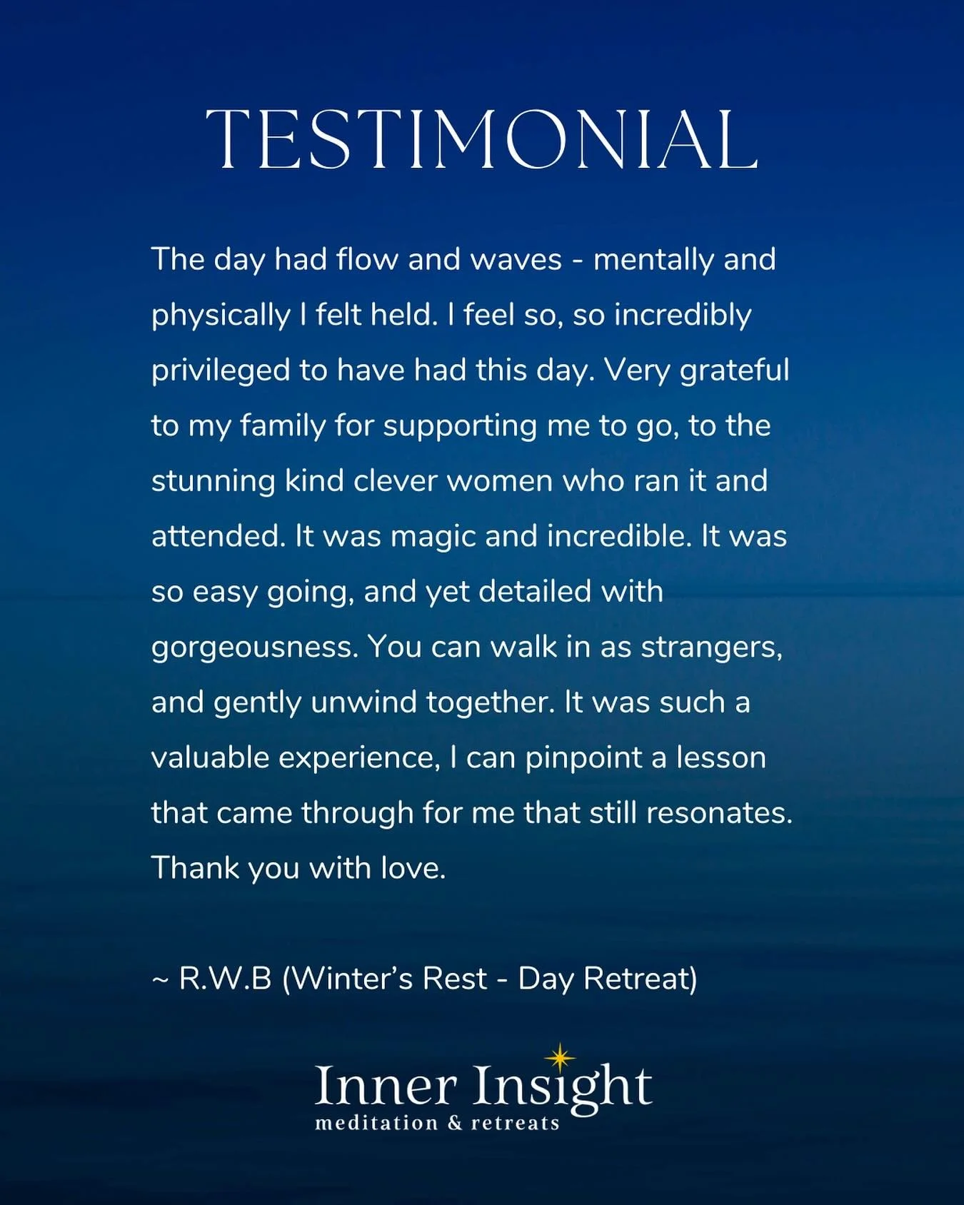 So wonderful to receive this testimonial today from a past retreater. This lovely soul attended our &lsquo;Winter&rsquo;s Rest&rsquo; day retreat in Warkworth earlier this year. The same retreat we are due to host in just a couple of weeks. This time
