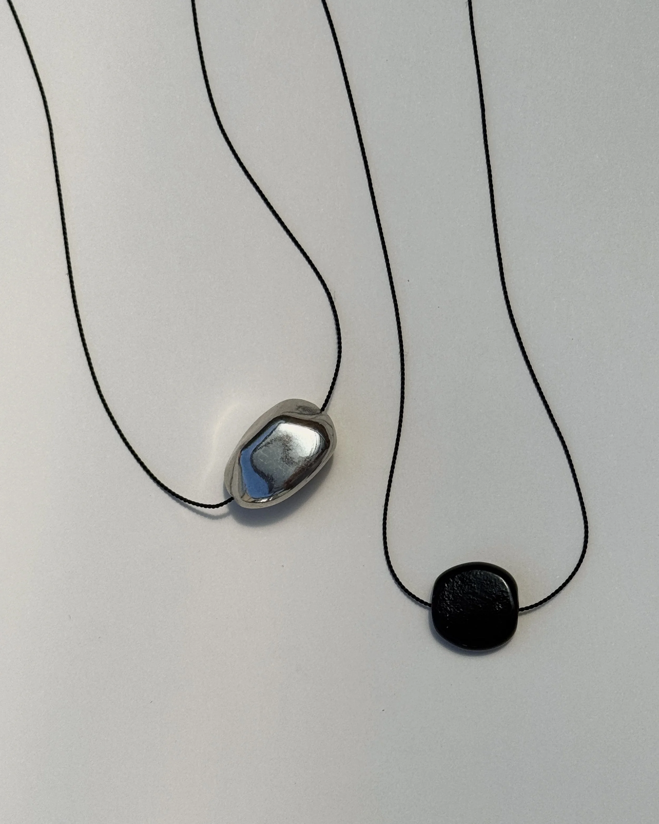 BLACK SILK NECKLACE - SILVER PEBBLE BEAD