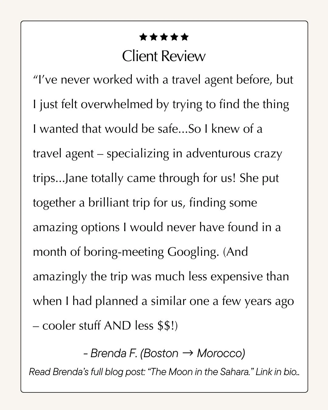 For their 25th wedding anniversary, Brenda and her husband wanted something different. 
Something adventurous, meaningful, and completely their own. 
I planned a journey that took them from the old streets of Rabat to the edge of the Sahara.
They