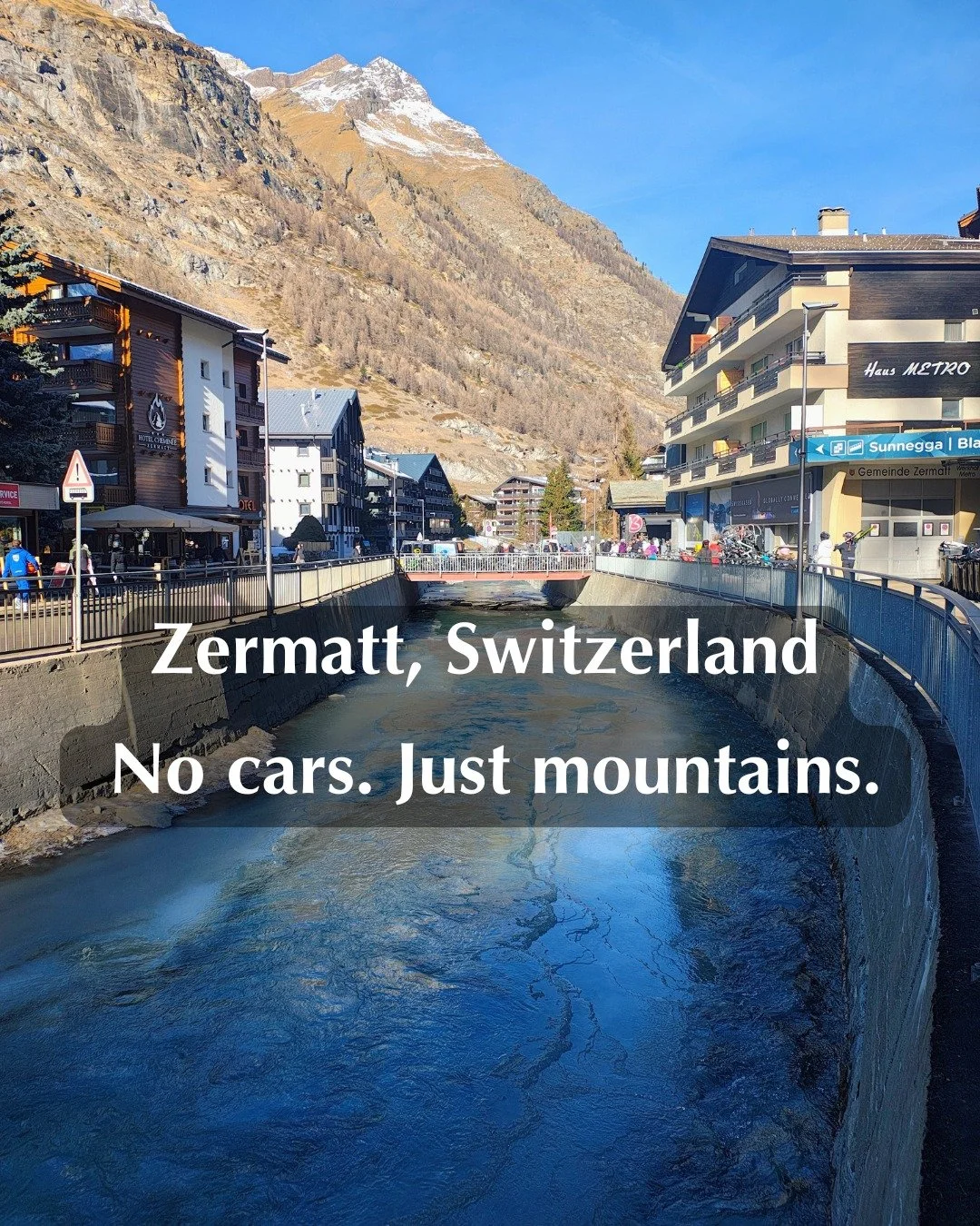 Zermatt is one of those places that makes you slow down without trying.

No cars, just electric taxis, mountain air, and the Matterhorn casually popping into view while you grab a coffee or walk to dinner.

You can ski all day or do almost nothing. R