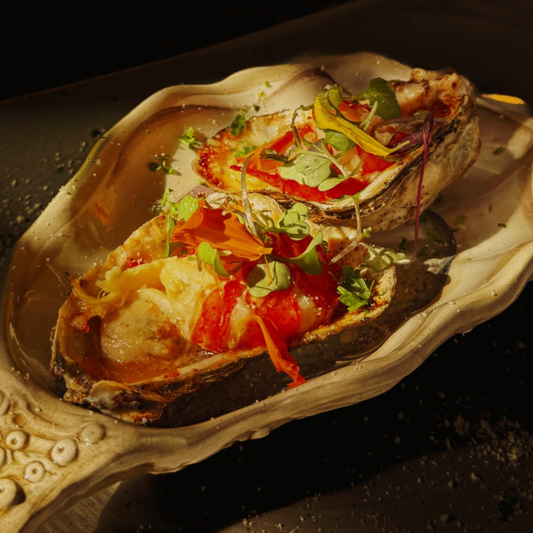 Freshly shucked oysters on shell topped with cocktail sauce and fresh herbs.