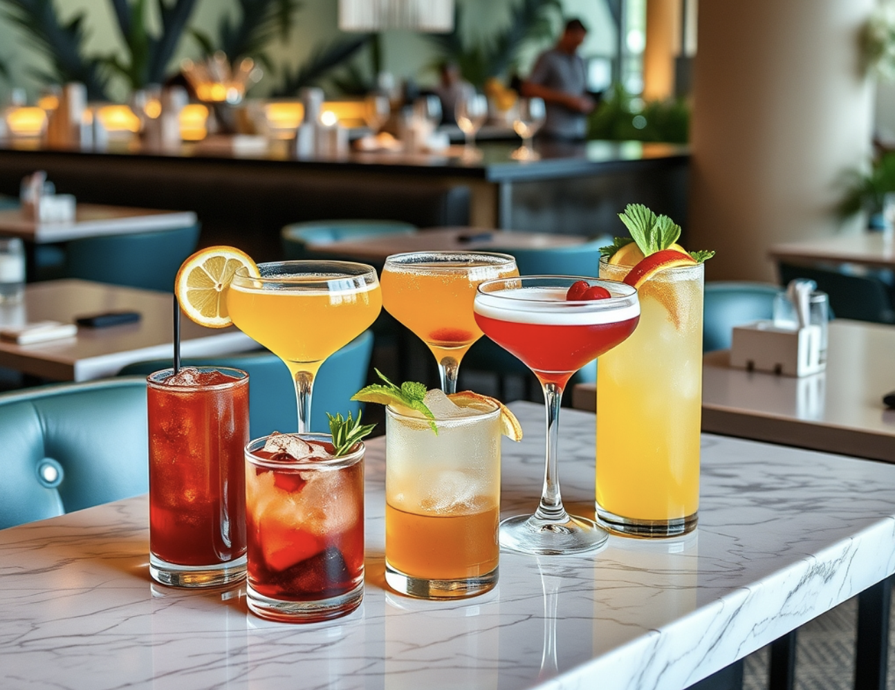 A variety of colorful handcrafted cocktails served on a marble bar top at Crab Cab