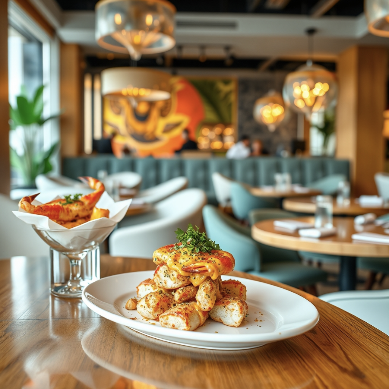 A beautifully plated seafood starter featuring baked crab and shrimp on a wooden table.