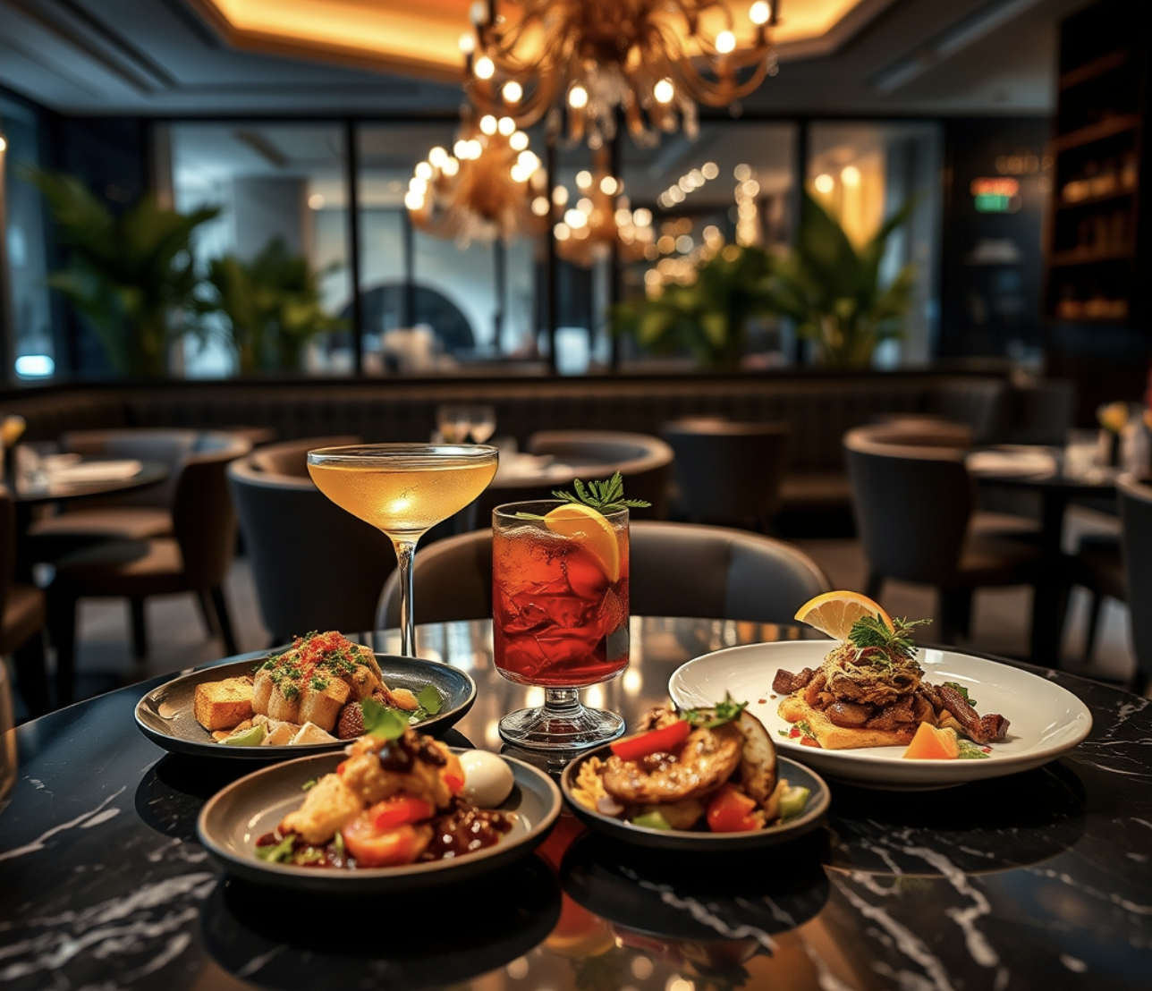 Handcrafted cocktails and savory seafood appetizers on a restaurant table